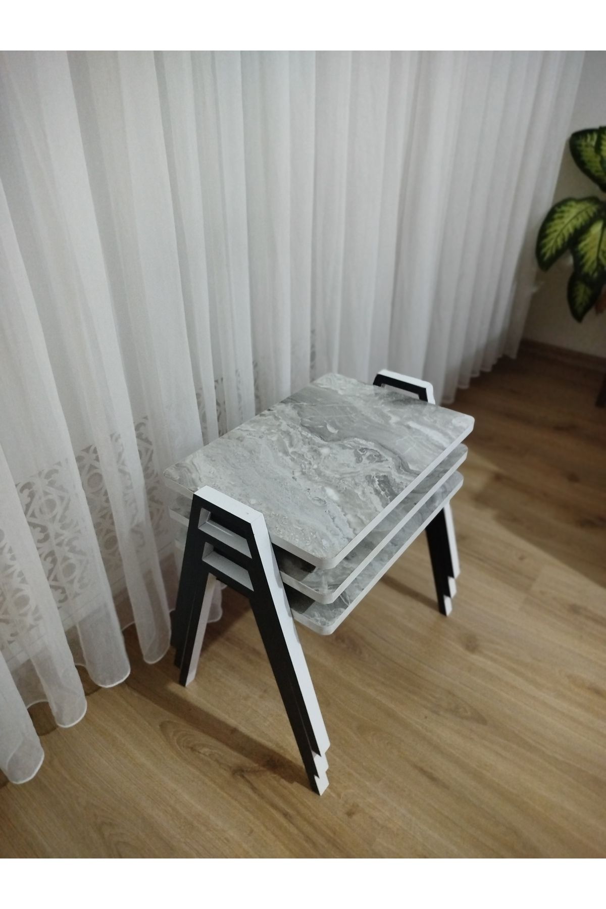 GÜVENÇ Zigon Sehpa 3'Lü Mermer Desenli Tepsi Model