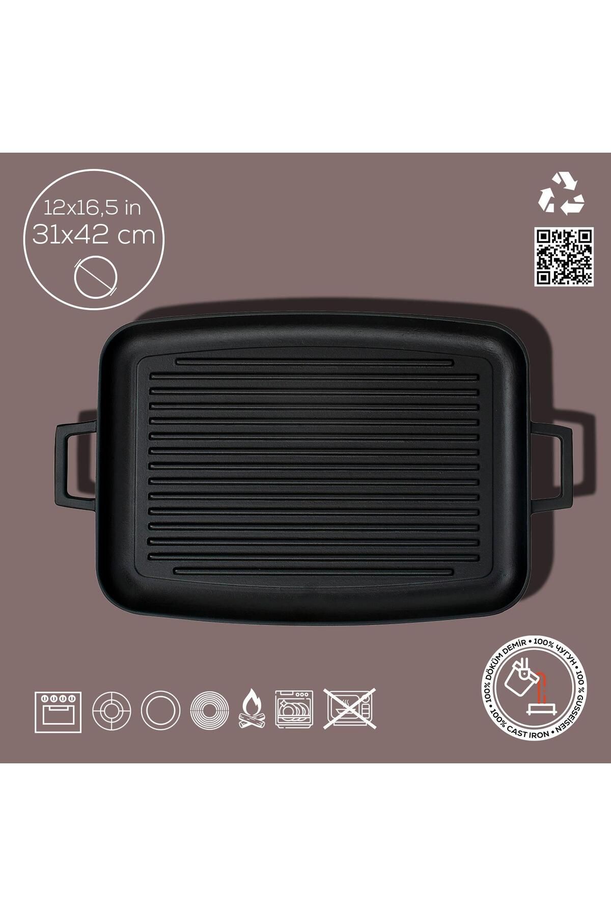 Lava-Cast Rectangular Grill Tray Cast Iron Solid Double Handle Size 31x42cm 4