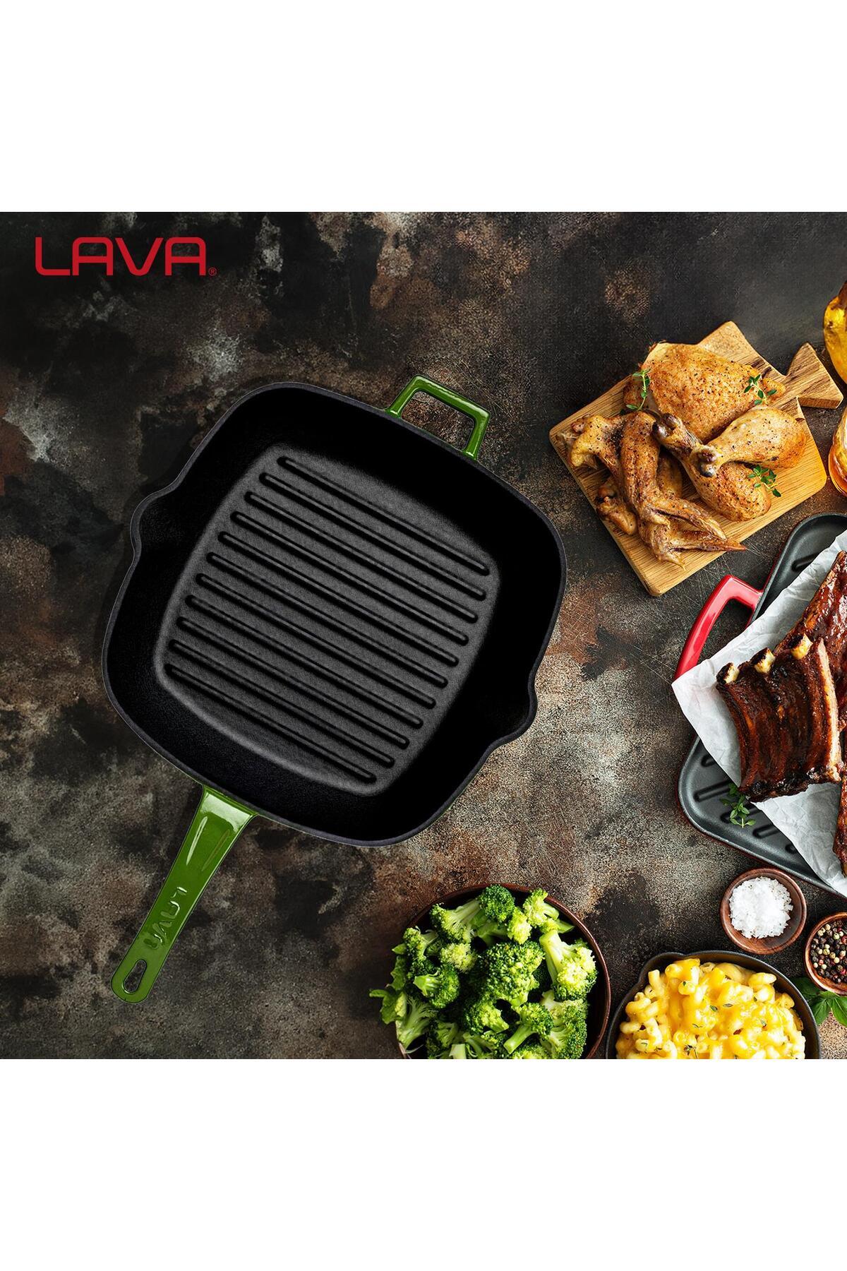 Lava-Cast Square Grill Pan with Glass Lid Cast Iron Solid Handle Size 28x28cm 7