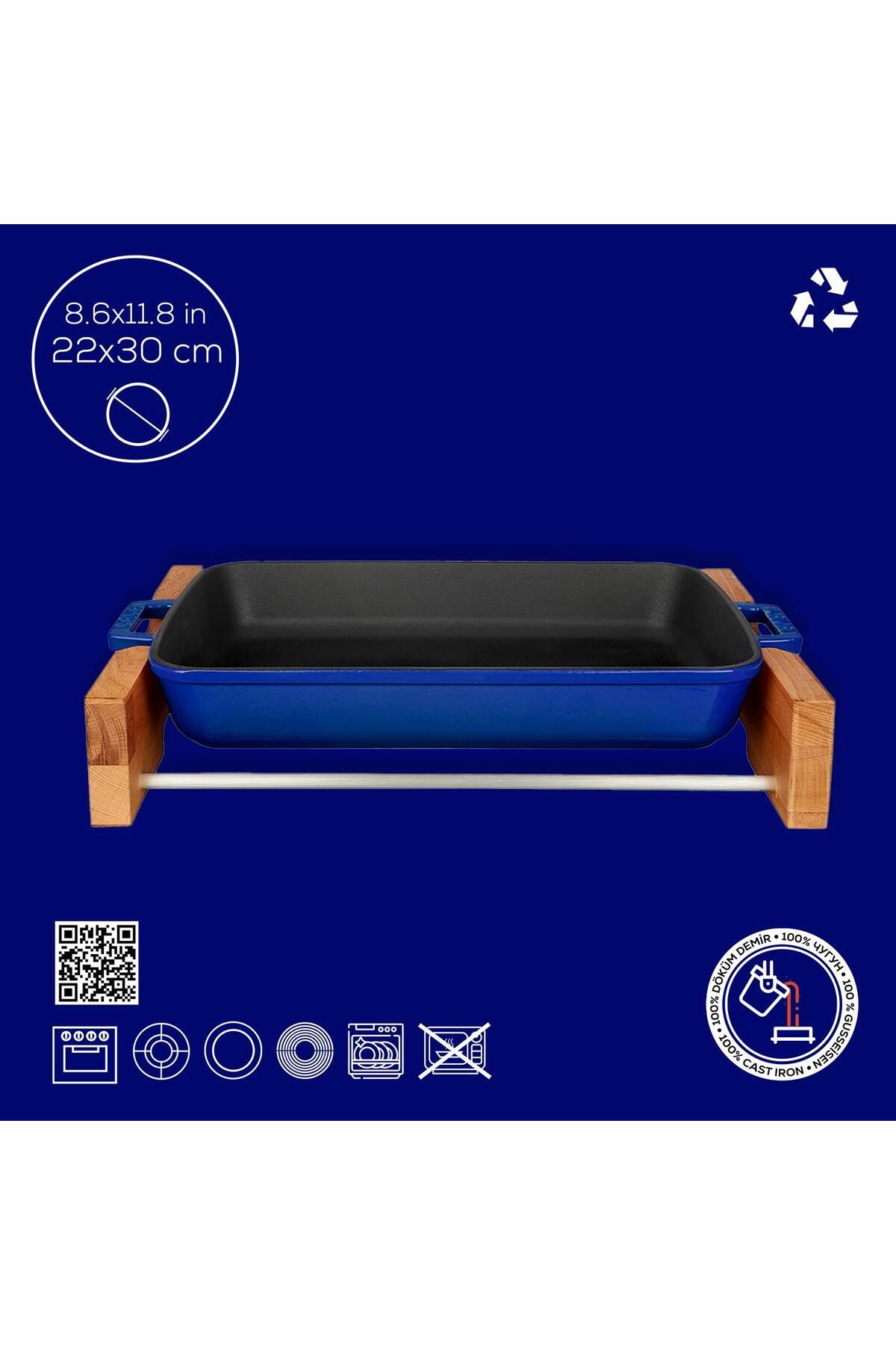 Lava-Cast Rectangular Rosto and Baking Tray Beech Serving Wood Cast Iron Solid Double Handle Size 4