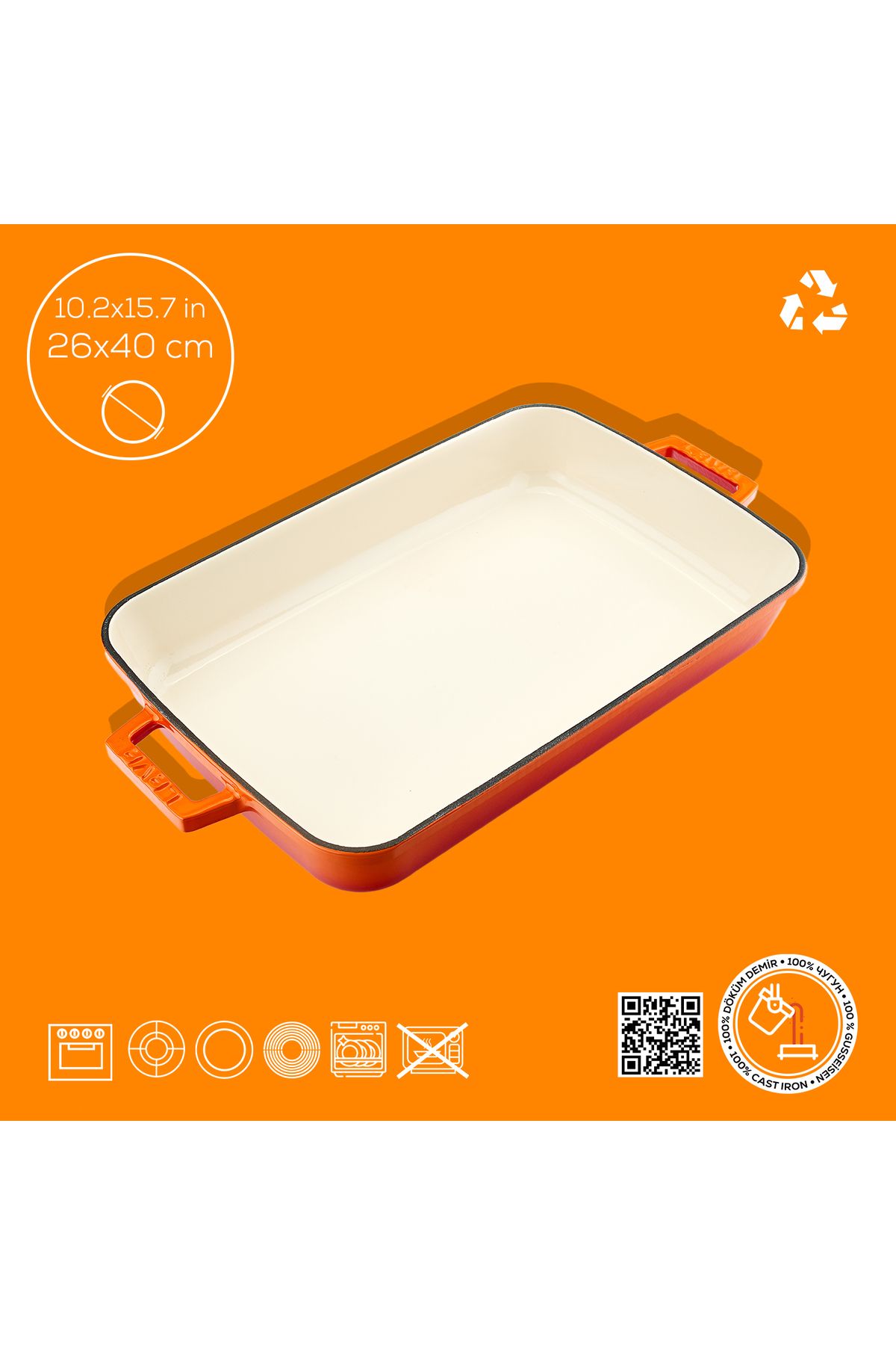 Lava-Cast Rectangular Rosto and Oven Tray Cast Iron Monolithic Double Handle Edition Series Size 26x 4