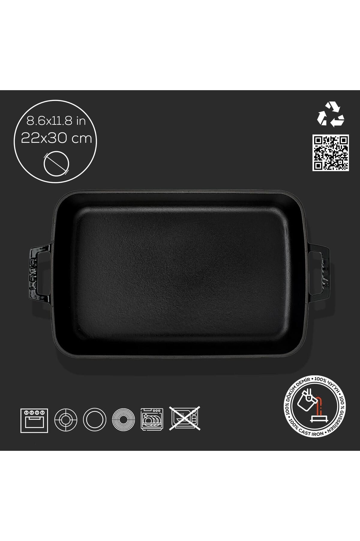 Lava-22X30Cm Rectangular Rosto and Oven Tray - Cast Iron Solid, Double Handle Size 4