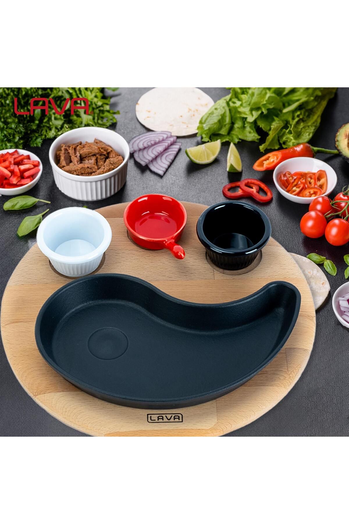 Lava-Yingyang Fajita Plate - Cast Drop Form, Beech Served, Wooden Size 10X20Cm 5