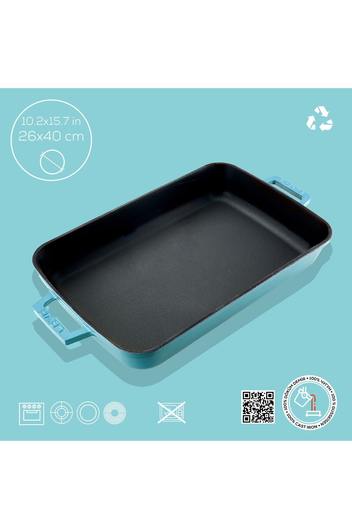Lava-Cast Rectangular Rosto and Oven Tray Cast Iron Solid Double Handle Spring Series Size 26x4 4