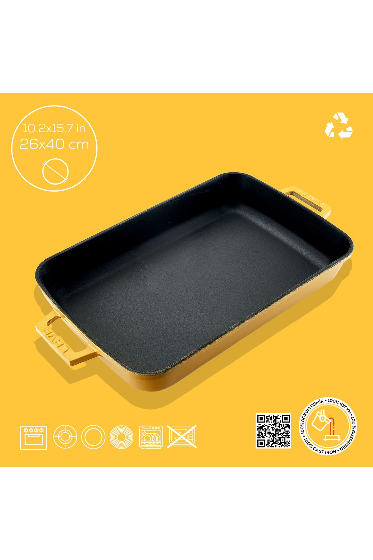 Lava-Cast Rectangular Rosto and Oven Tray Cast Iron Solid Double Handle Spring Series Size 26x4 4