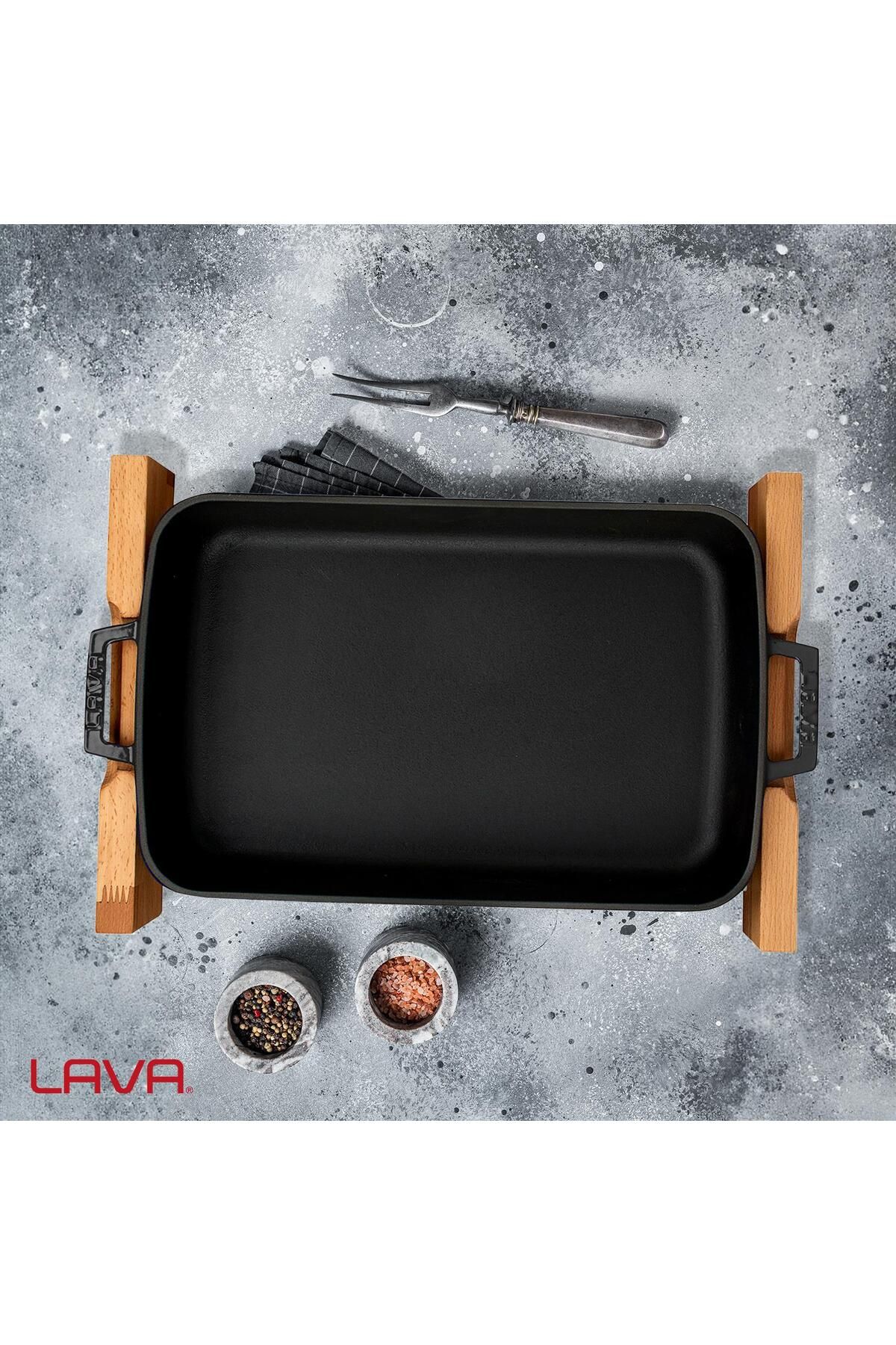 Lava-Cast Rectangular Rosto and Baking Tray Beech Serving Wood Cast Iron Solid Double Handle Size 6