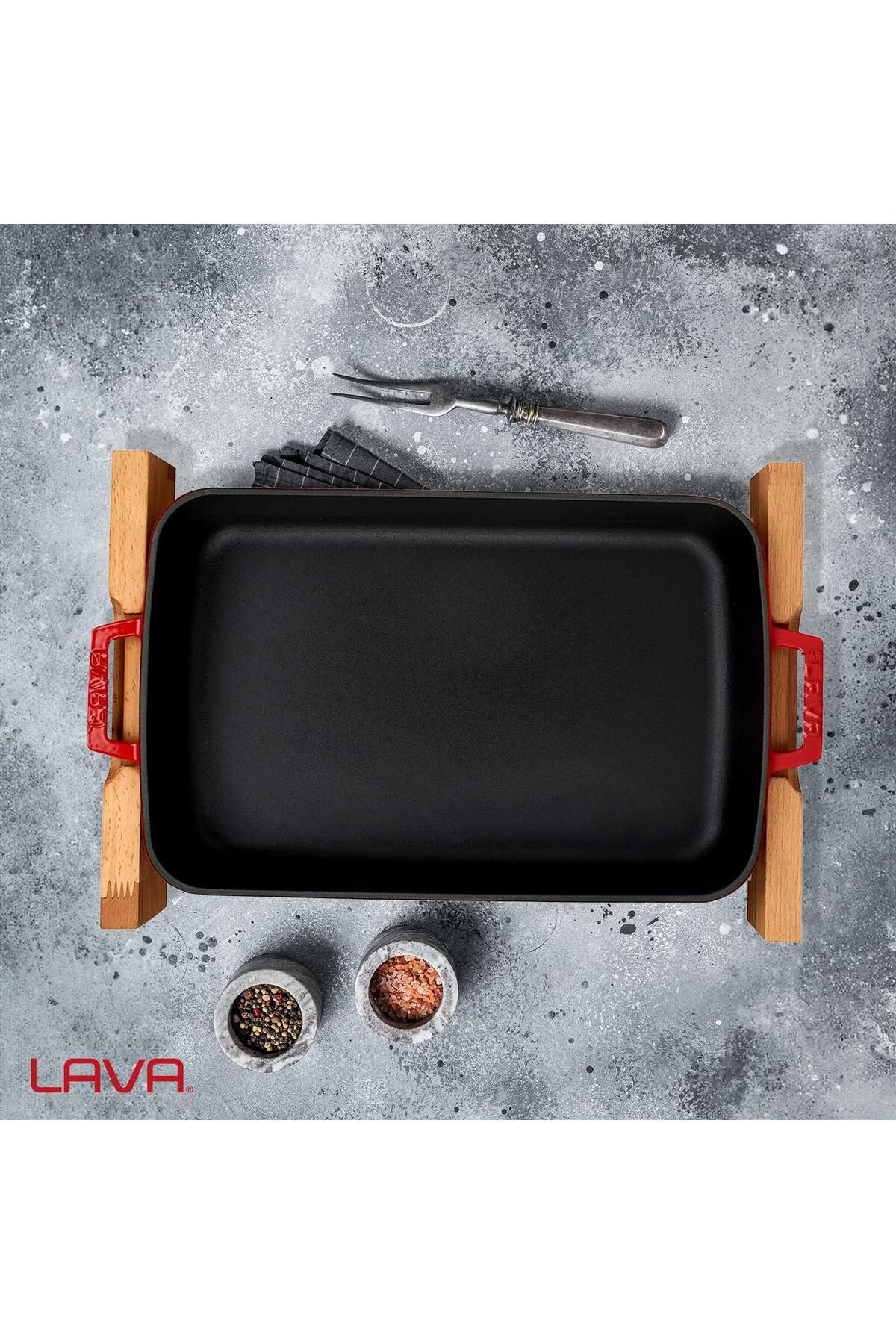 Lava-Cast Rectangular Rosto and Baking Tray Beech Serving Wood Cast Iron Solid Double Handle Size 7