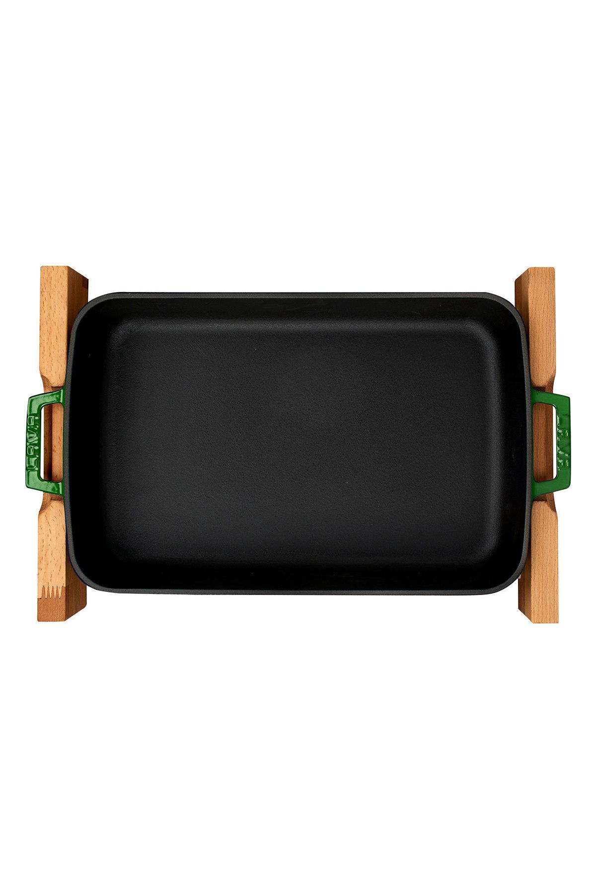Lava-Double Handle Cast Iron Solid - Rectangular Rosto and Baking Tray, Beech Serving Wood 2