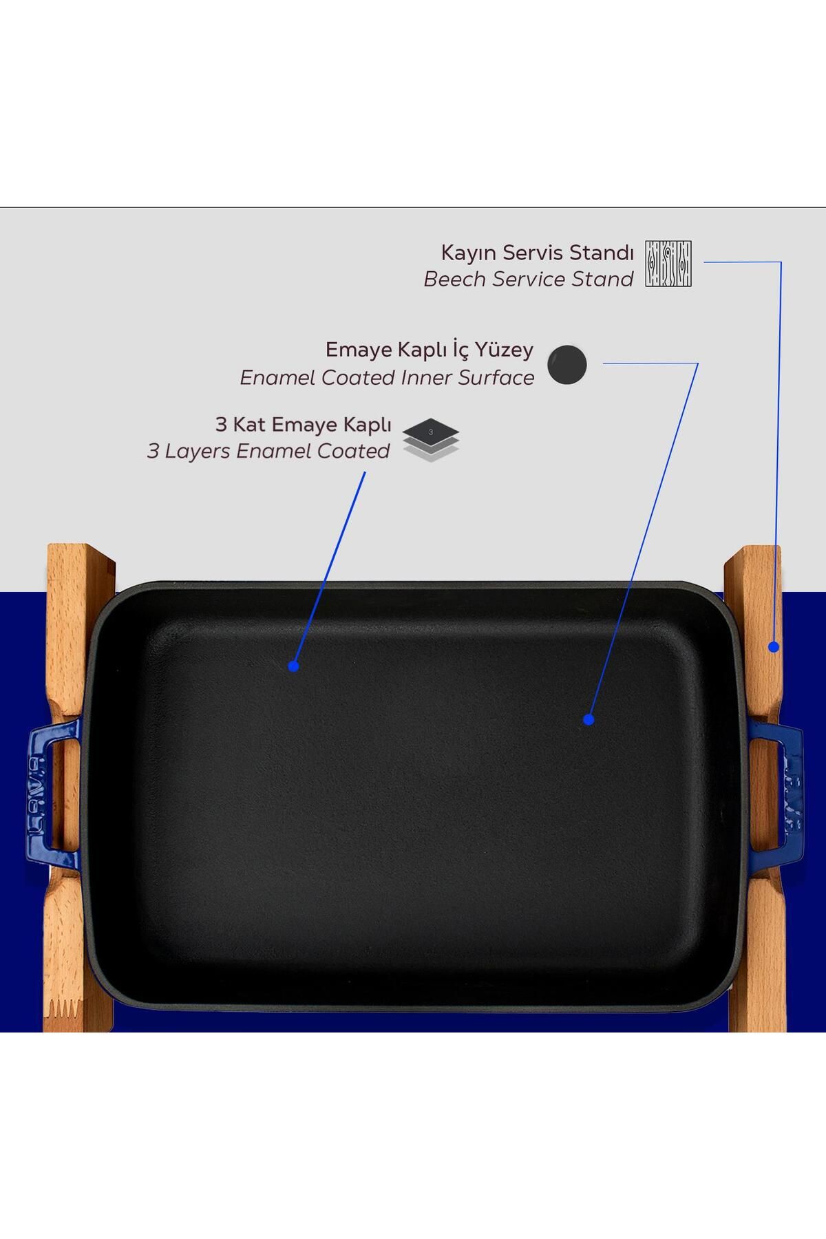 Lava-Cast Rectangular Rosto and Baking Tray Beech Serving Wood Cast Iron Solid Double Handle Size 6