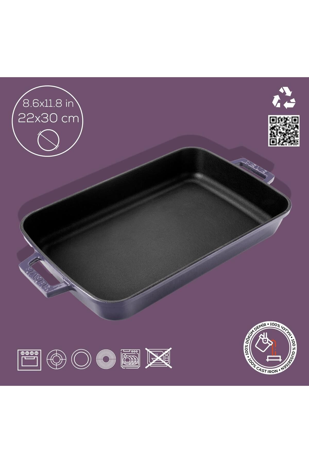 Lava-22X30Cm Rectangular Rosto and Oven Tray - Cast Iron Solid, Double Handle Size 4