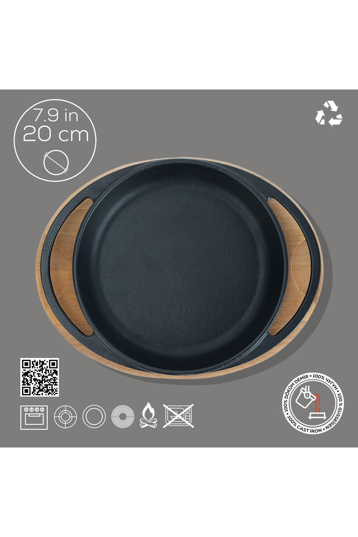 Lava-20cm Double Handle Iron Solid Cast Round Pan Beech Serving Wood 4