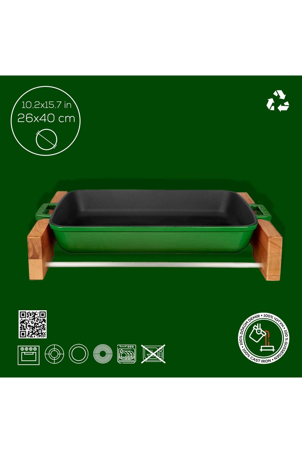 Lava-Double Handle Cast Iron Solid - Rectangular Rosto and Baking Tray, Beech Serving Wood 3