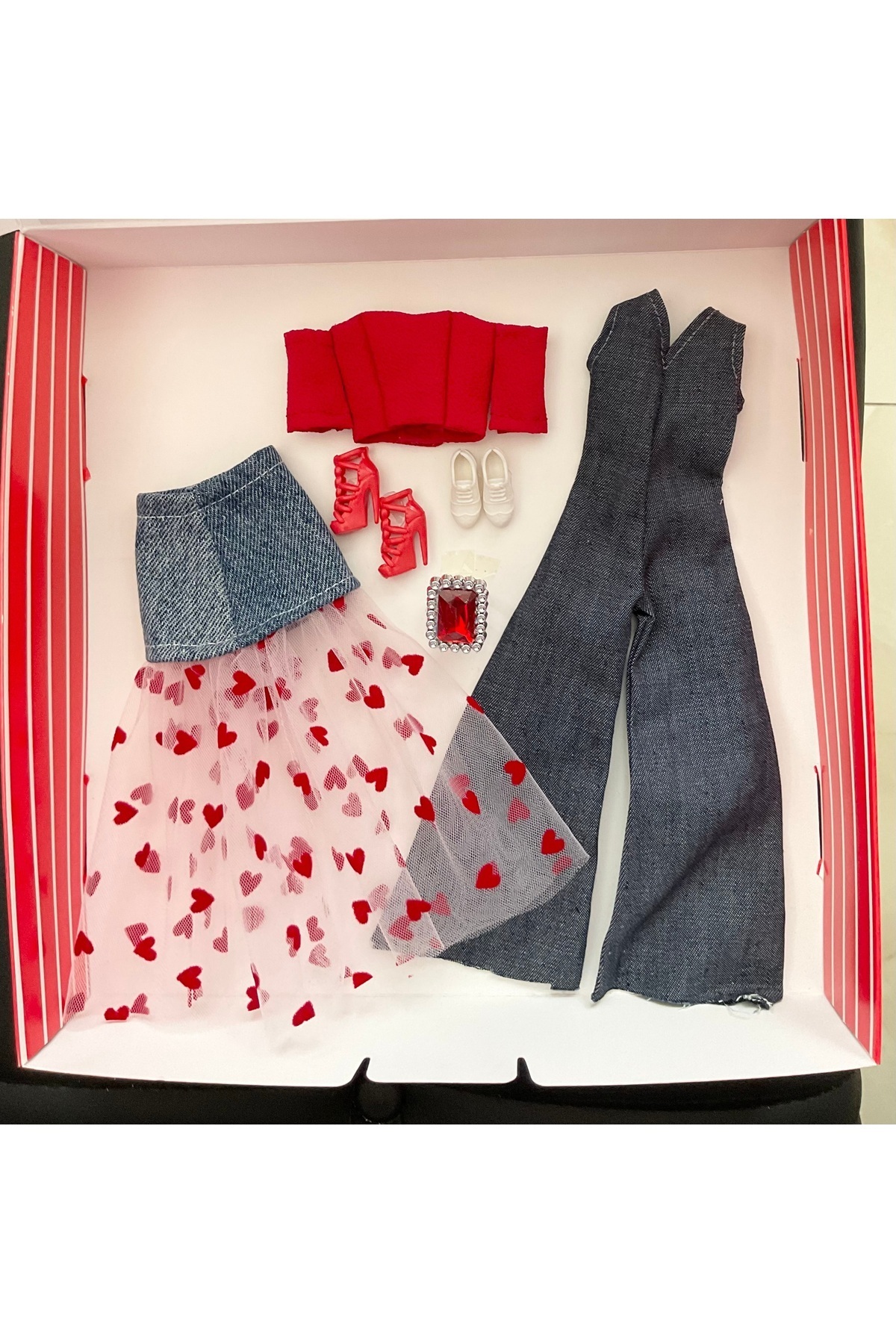 MIA WARDROBE Mıa Oyuncak Bebek Kırmızı Jean Etek Ve Tulum 2'li Set