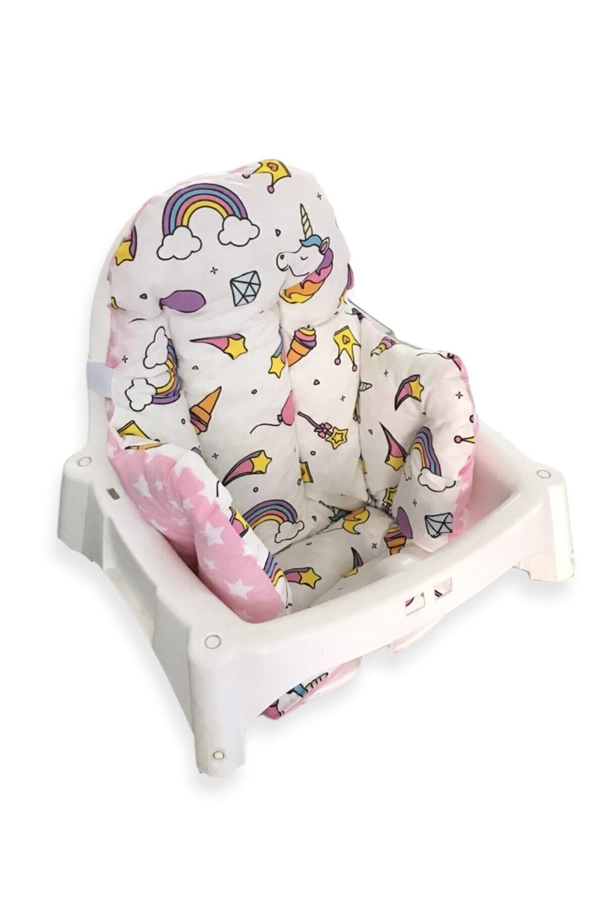 Bebek Özel %100 Pamuklu Bebek Çocuk Mama Sandalyesi Minderi Beyaz Pembe Unicorn Yıldızlı fotoğrafı 4 (önizleme)
