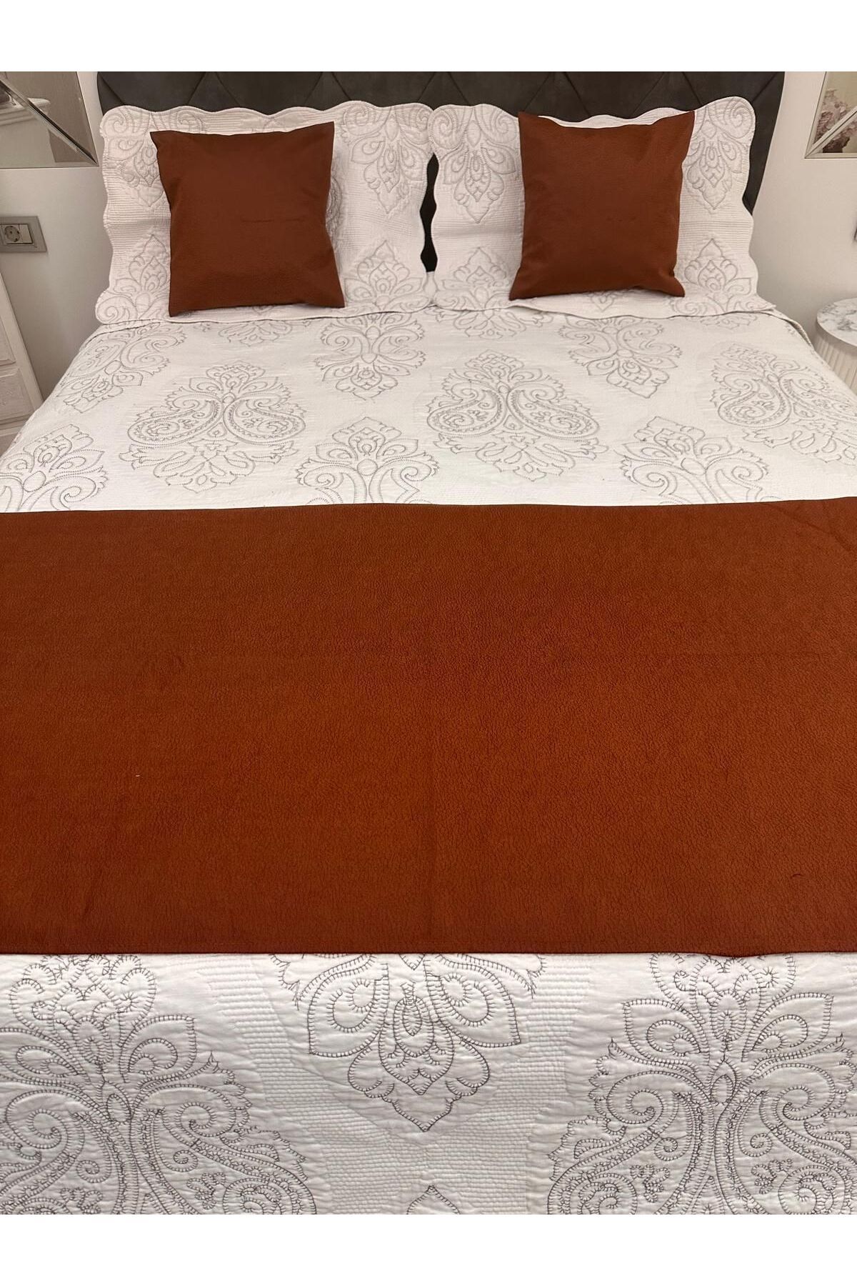 Becenhouse-Bed Runner Set Double Cream Color Comfortable for Home and Hotels 1 Runner and 2 Pieces Throw Pillow 5