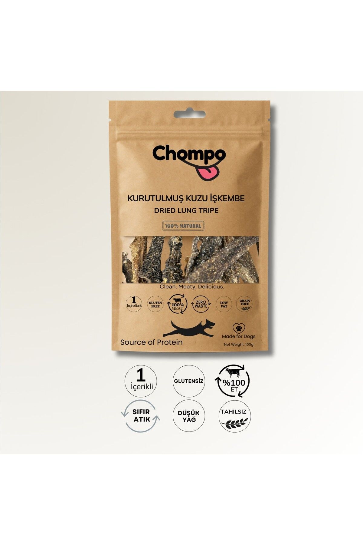 CHOMPO Kurutulmuş Kuzu Işkembe Şeritleri Köpek Ödülü 100 gr