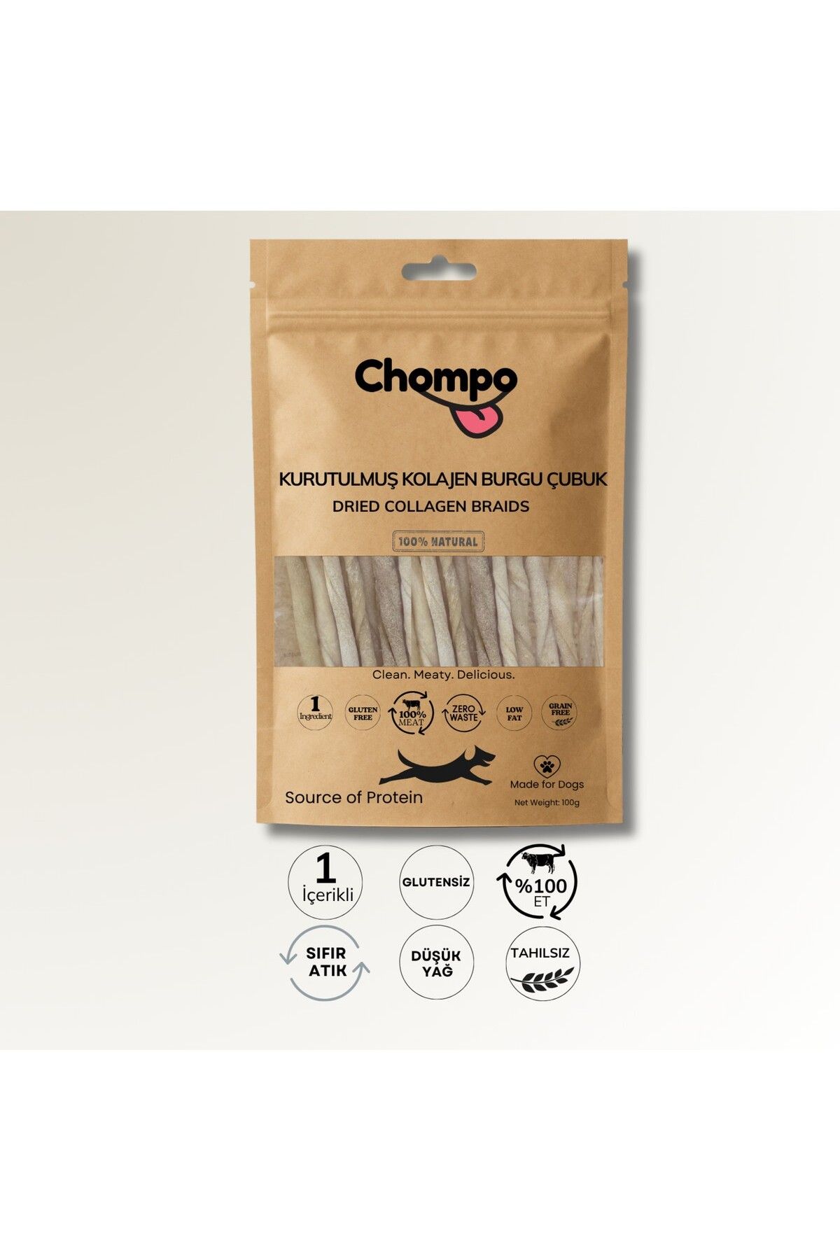CHOMPO Kurutulmuş Kolajen Burgu Çubukları Köpek Ödülü 100 gr