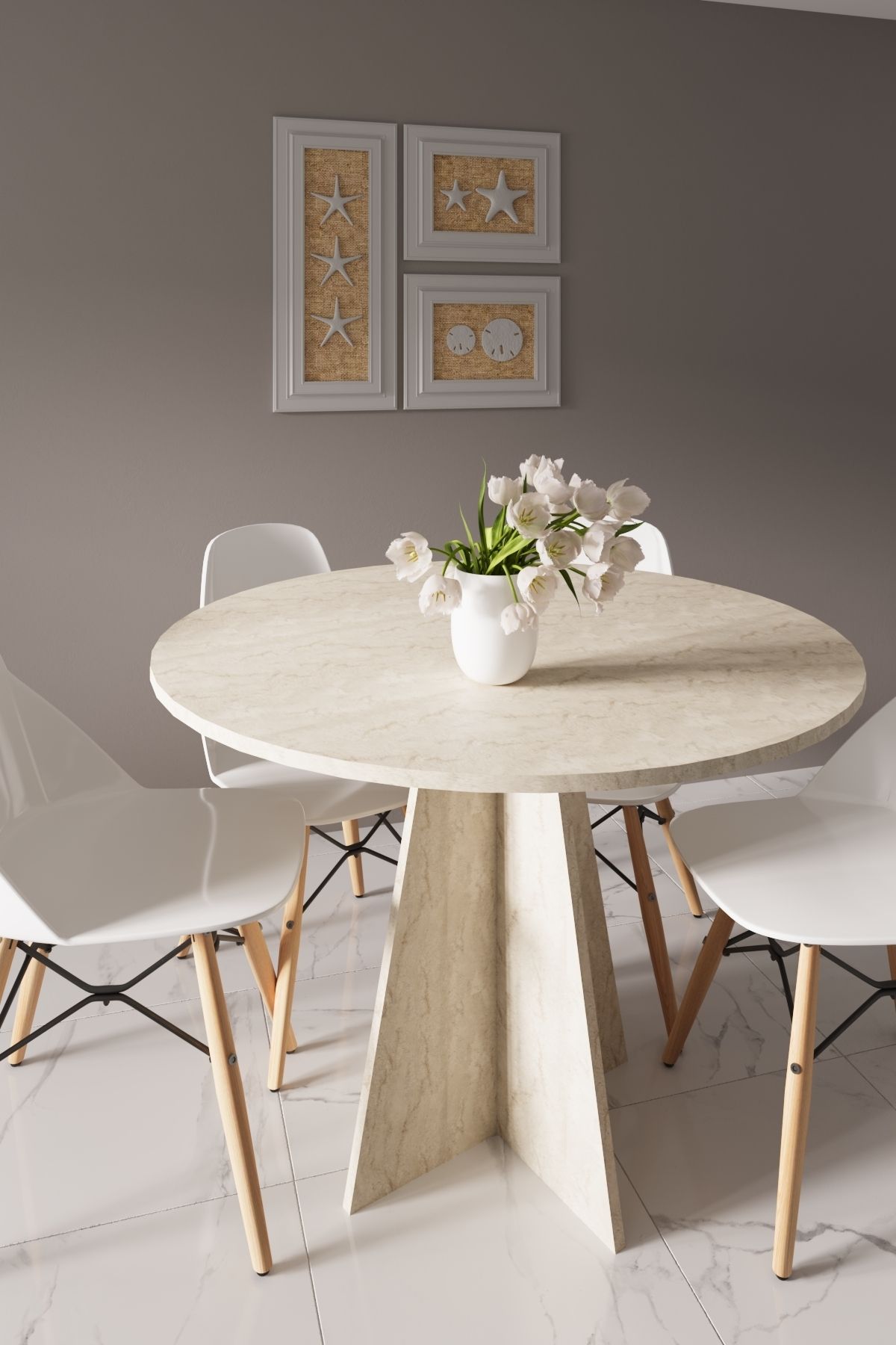 HMC DECOR Modern Yuvarlak 100cm Yemek Masası-mutfak Masası Traverten (SANDALYELER TEMSİLİDİR)
