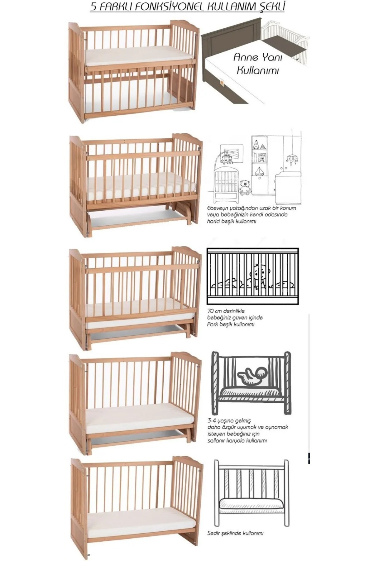 Bamgidoo Ahşap Doğal Beşik Anne Yanı Beşik Organik (BOYASIZ) 60x120 - Gri Balina Uyku Seti Yatak fotoğrafı 5 (önizleme)