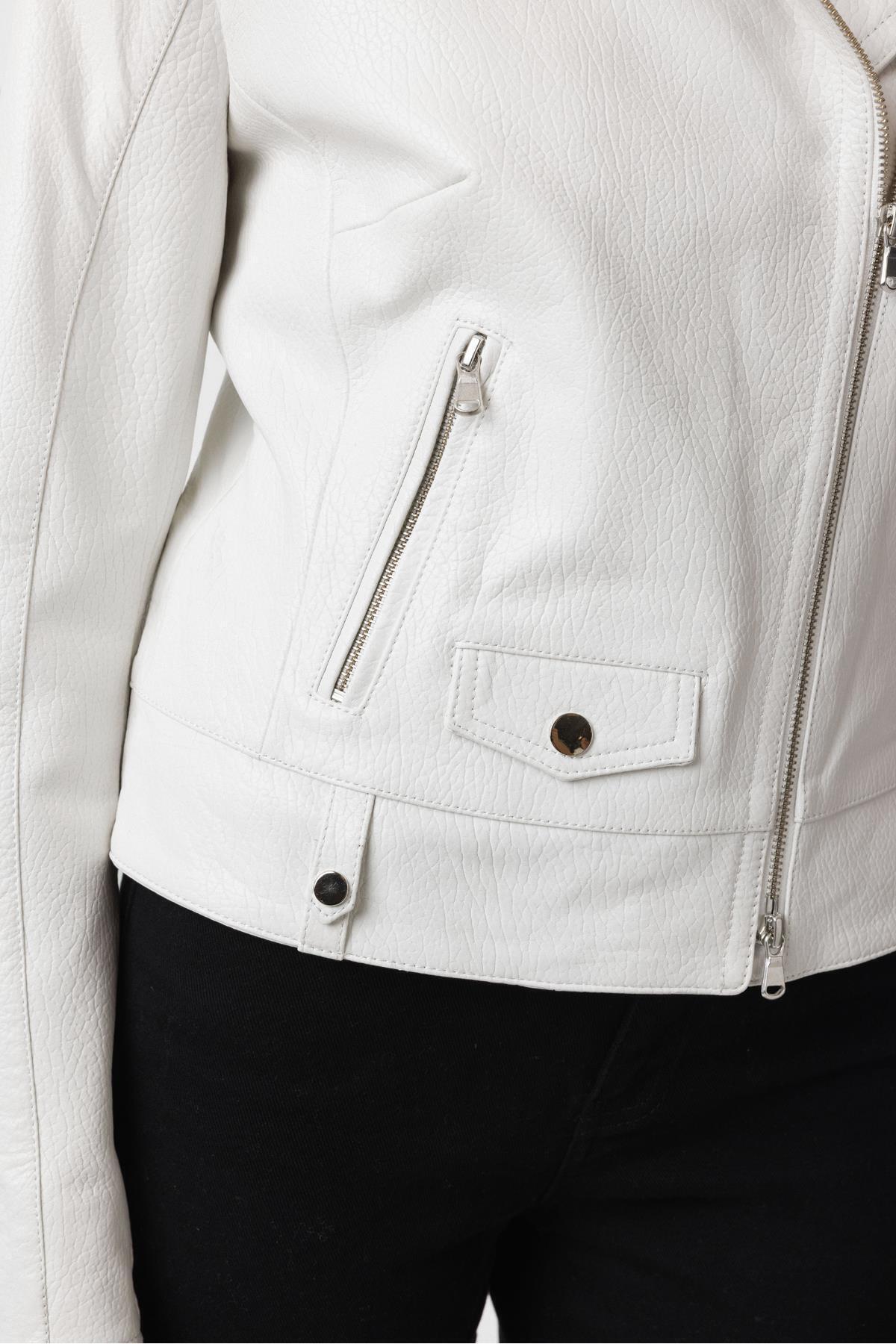 Deriderim  Beyaz Stella Çıt Çıt Detaylı Yandan Fermuarlı Biker Hakiki Deri Kadın Mont - Görsel 5