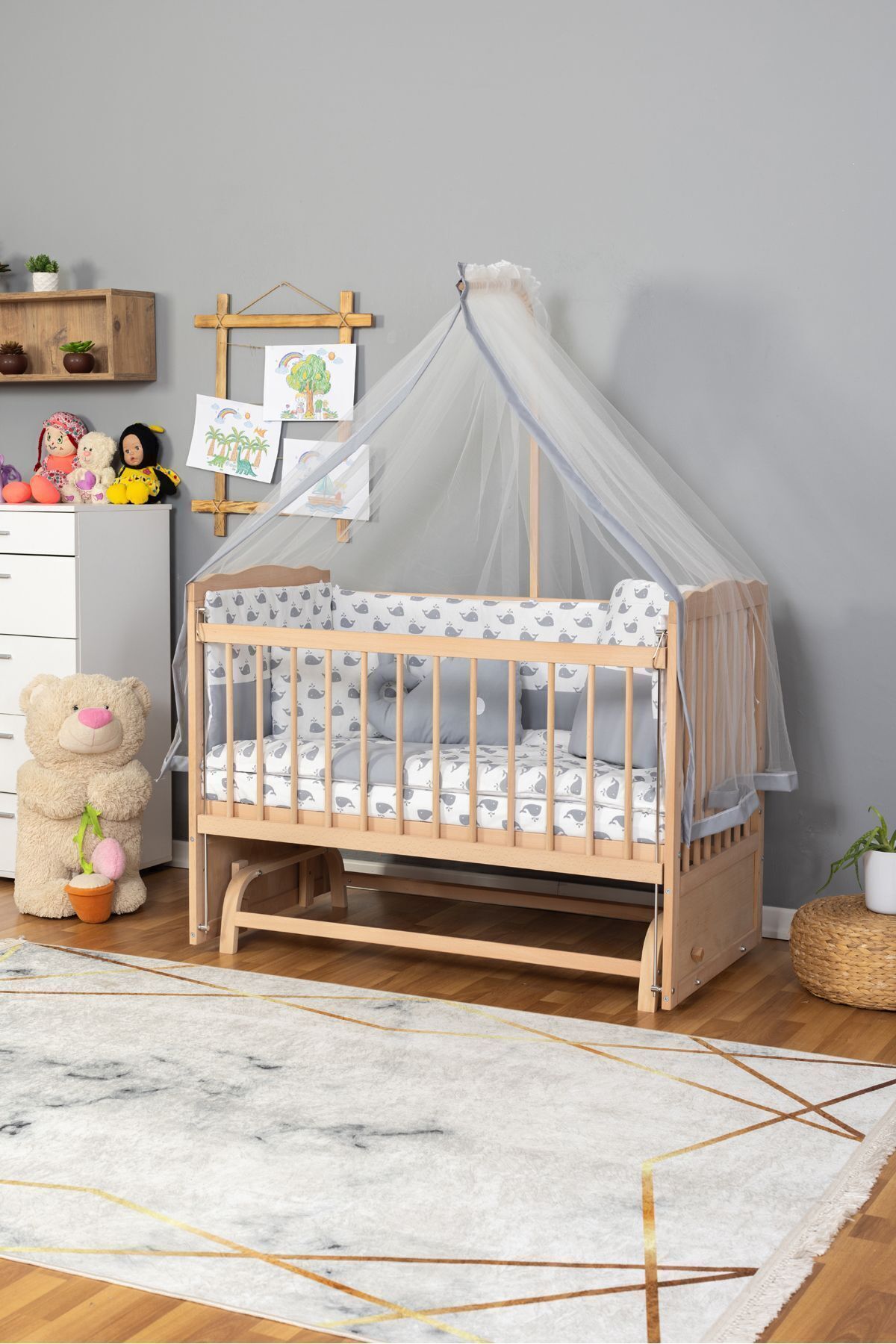 Bamgidoo Ahşap Doğal Beşik Anne Yanı Beşik Organik (BOYASIZ) 60x120 - Gri Balina Uyku Seti Yatak fotoğrafı 3 (önizleme)