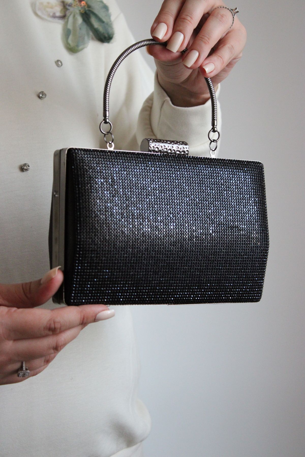 Mimoza Kadın Siyah Taş Detaylı Metal Saplı Abiye Clutch Çanta