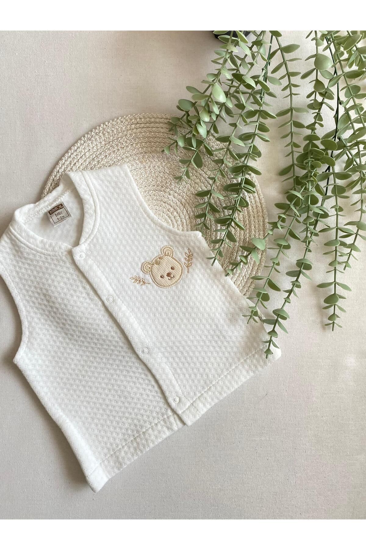 Bebitof %100 Pamuk Unisex Bebek Ayıcık Nakışlı Pamuklu Kapitone Bebek Yelek - Beyaz