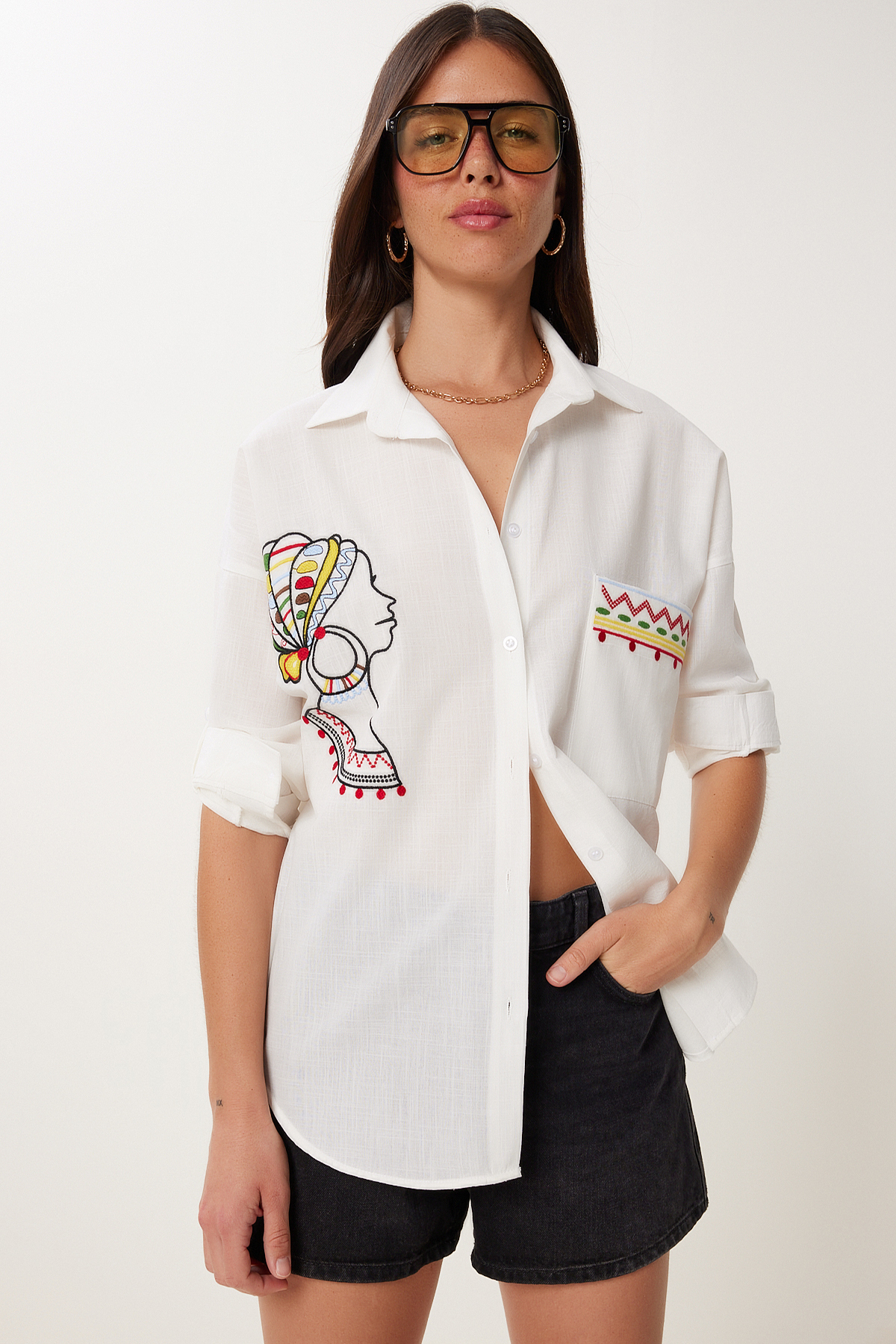 Lovelyİstanbul Embroidery Detailed Oversize Linen Shirt Ecru