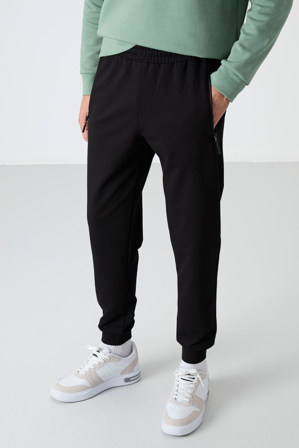 TOMMY LIFE-Black Jogger Men's Sweatpants - Zippered and Pocketed, Standard Size - 84587 2