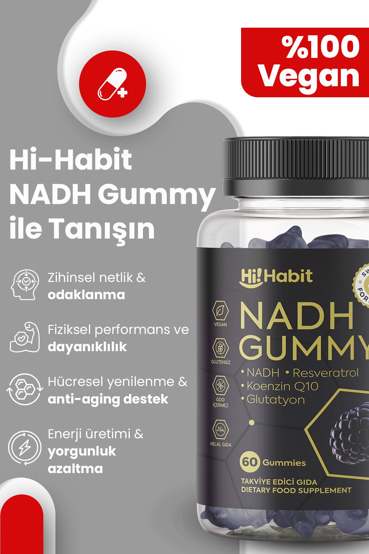 Hi Habit NADH Gummy Q10, Resveratrol, Glutatyon İçeren Anti-Aging Takviye Edici Gıda Vegan Gummies
