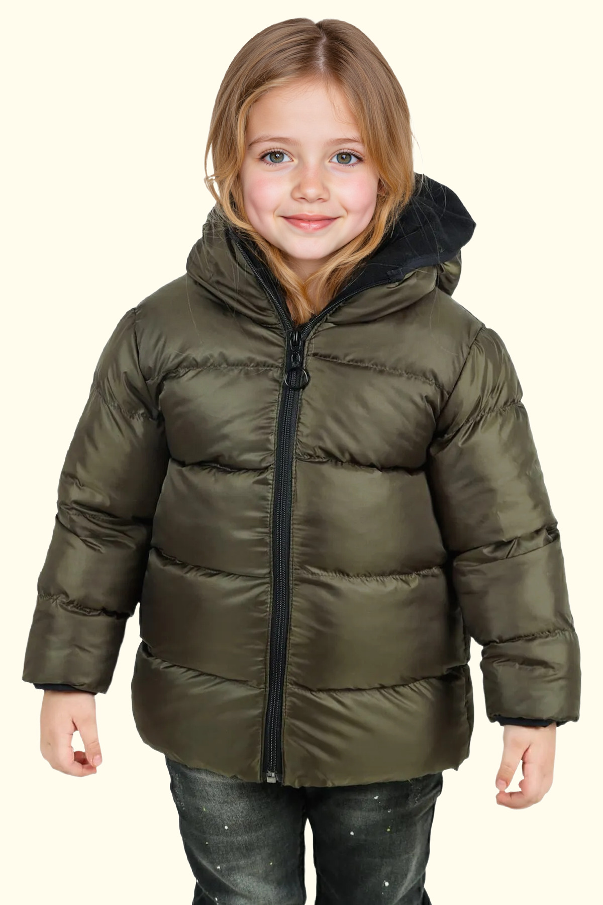 Girls Khaki Fleece Hooded Waterproof Windproof Inflatable Winter Coat & Coat