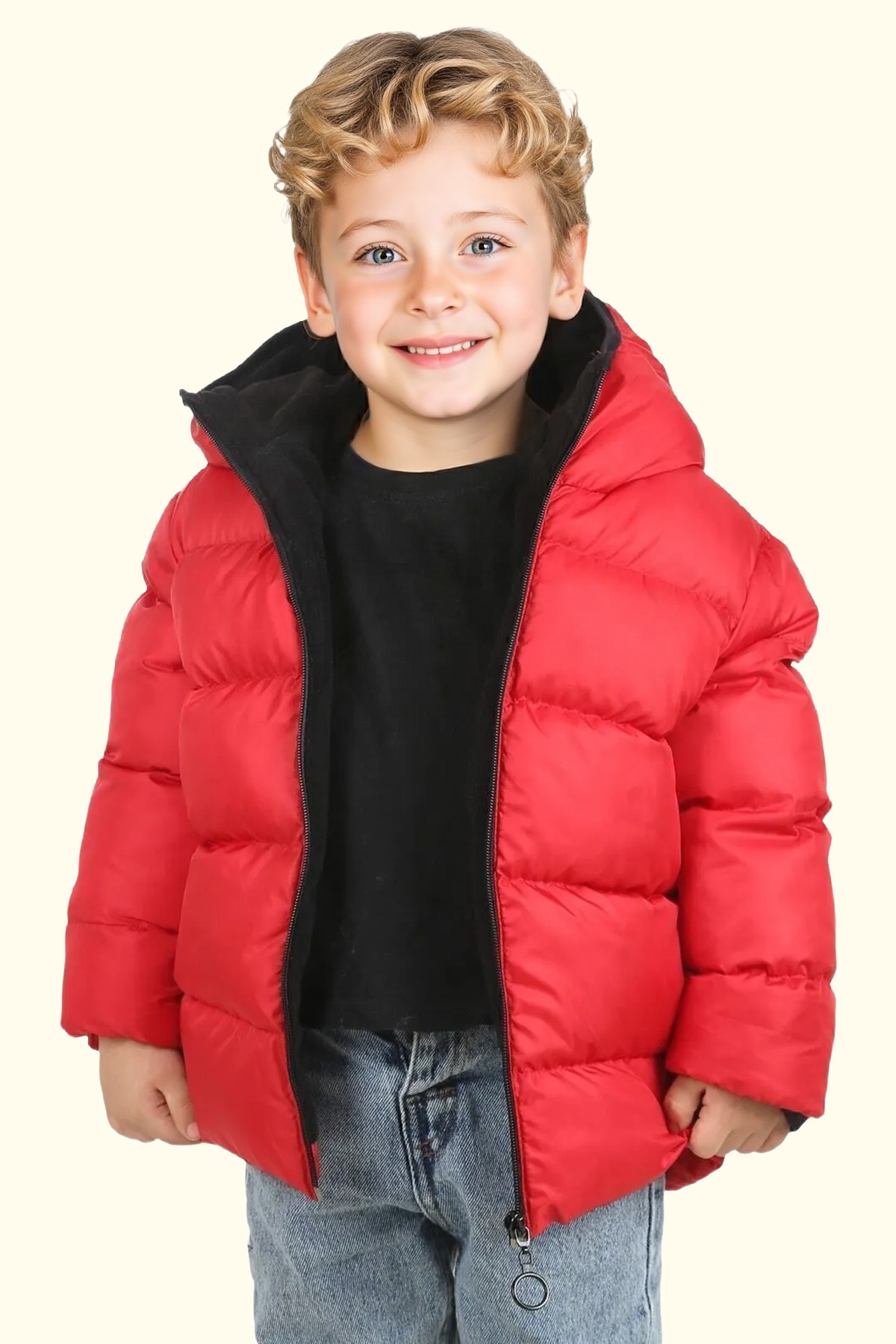  کاپشن و پالتو زمستانی پفی ضد آب و بادگیر کلاه دار پسرانه با آستر پشمی قرمز