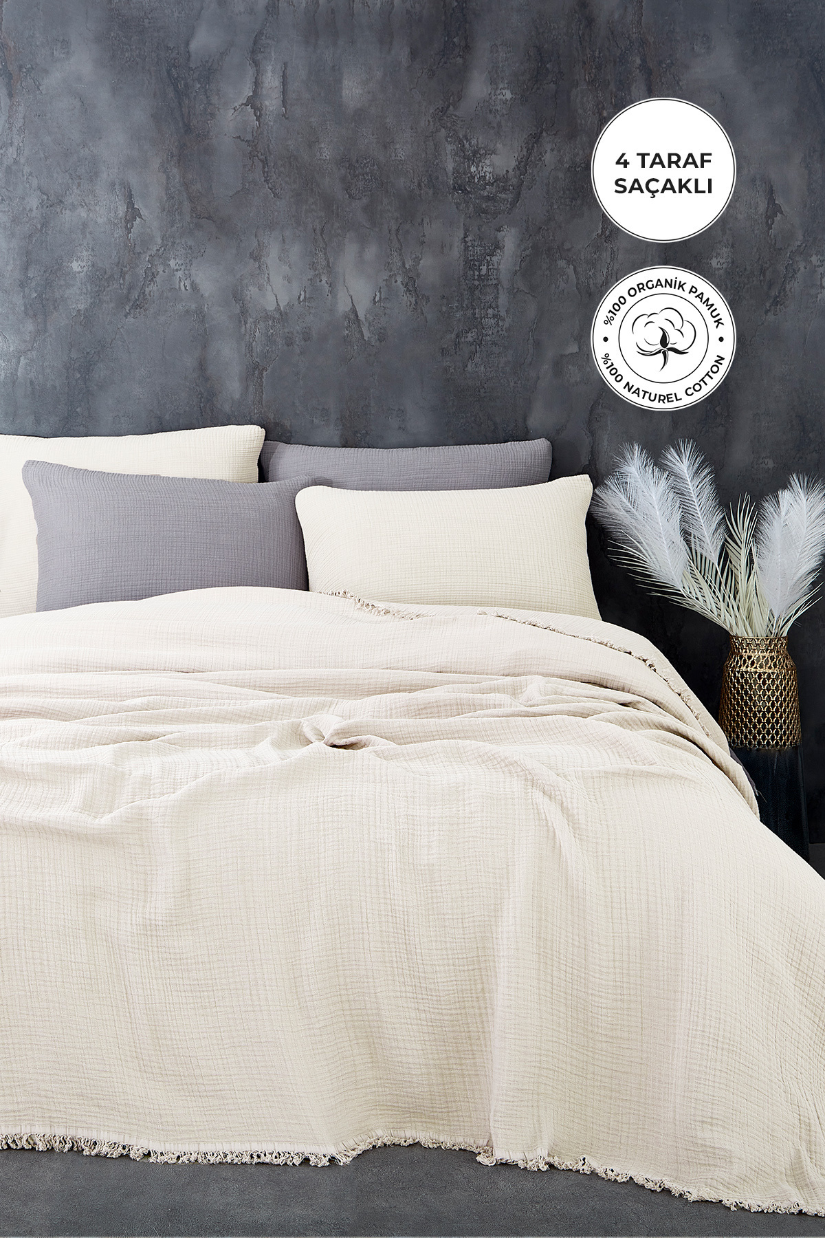 Evlen Home Collection 100% Cotton Oversized Double Muslin Bedspread Set 4 Layer Soft Muslin Pique Set Cream