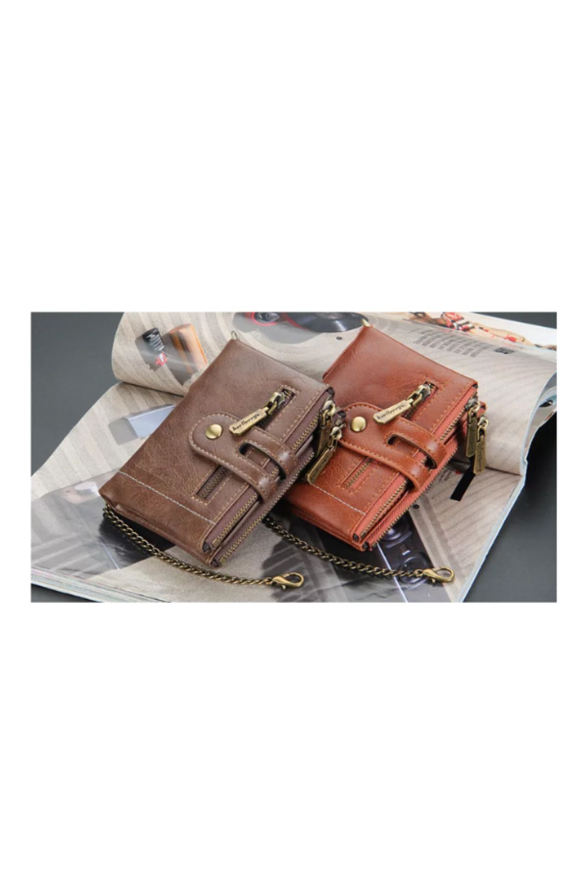 Generic-Classic Bifold Wallet with Double Zip and Chain - Camel 4