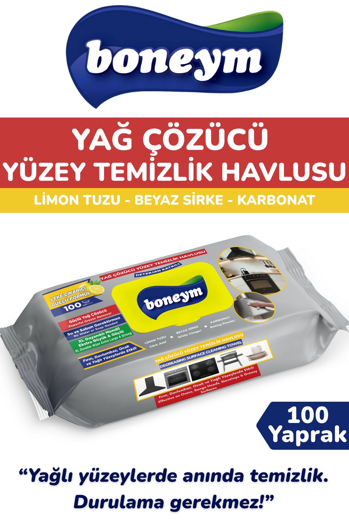 BONEYM Yağ Çözücü Yüzey Temizlik Havlusu 100’lü Limon Ferahlığı Mutfak ve YağlıYüzeyler İçin