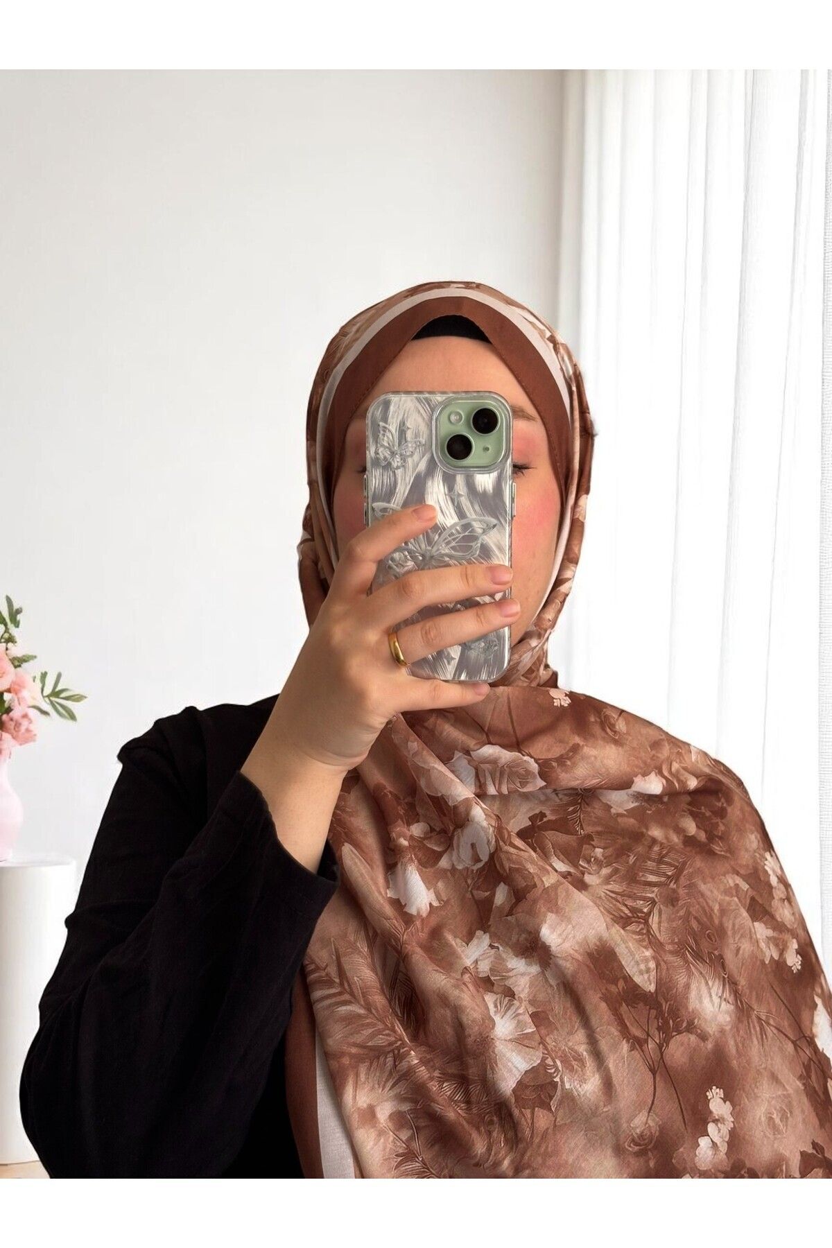Lavena scarfs Flora Serisi Çiçekli Desen Pamuklu Dijital Soft Şal - Kahverengi
