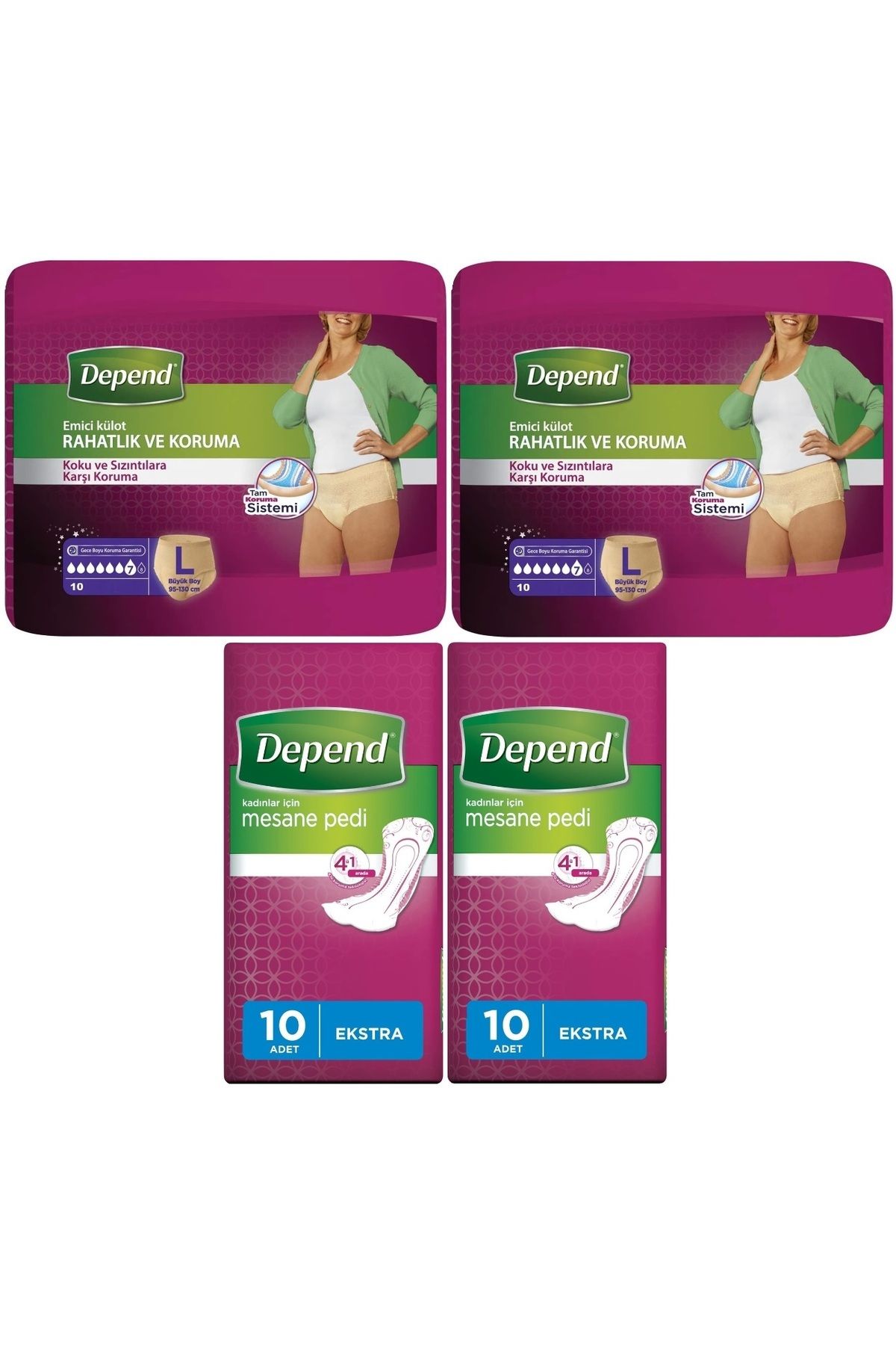 Depend Emici Külot Lohusa Pedi Large - Büyük Kadın (10 Lu)+Mesane Pedi Kadın Ekstra (10 Lu) 4 Lü Set