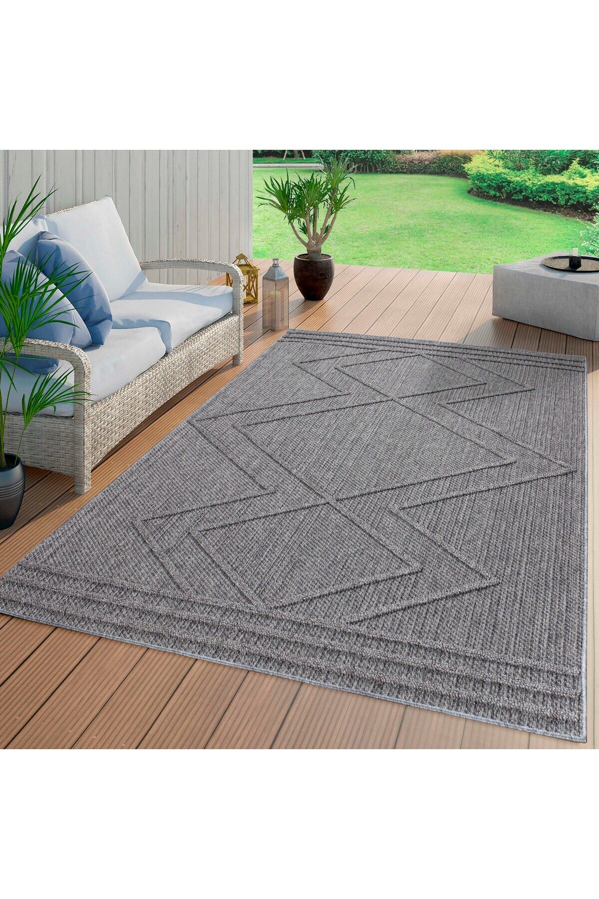 Enva Home Geometrik Çizgiler Modern Tasarımlar İskandinav Dokuma Taban İç ve Dış Mekan İnce Halı Gri