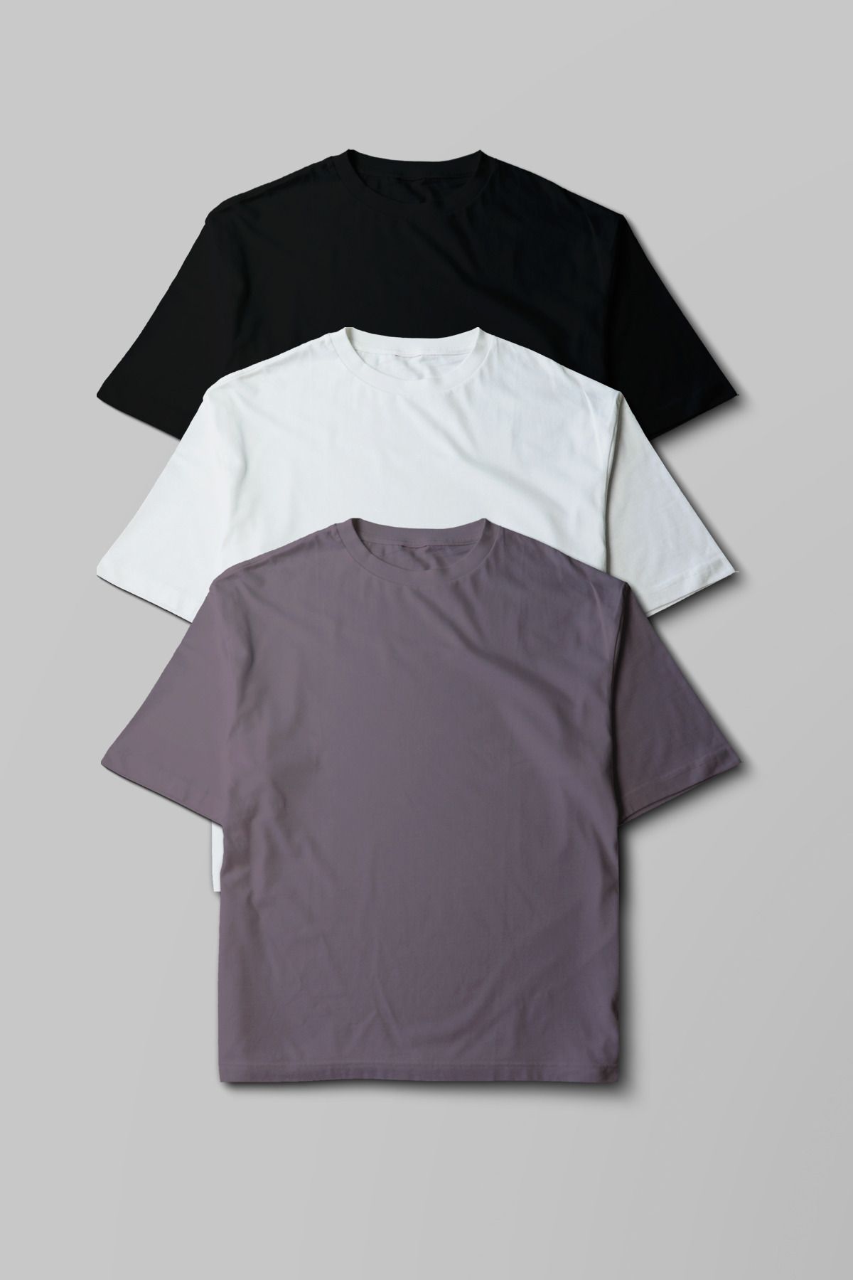 Pratik Tekstil Unisex Oversize 3'lü Paket Siyah - Beyaz- Füme %100 Pamuklu Bisiklet Yaka Tshirt