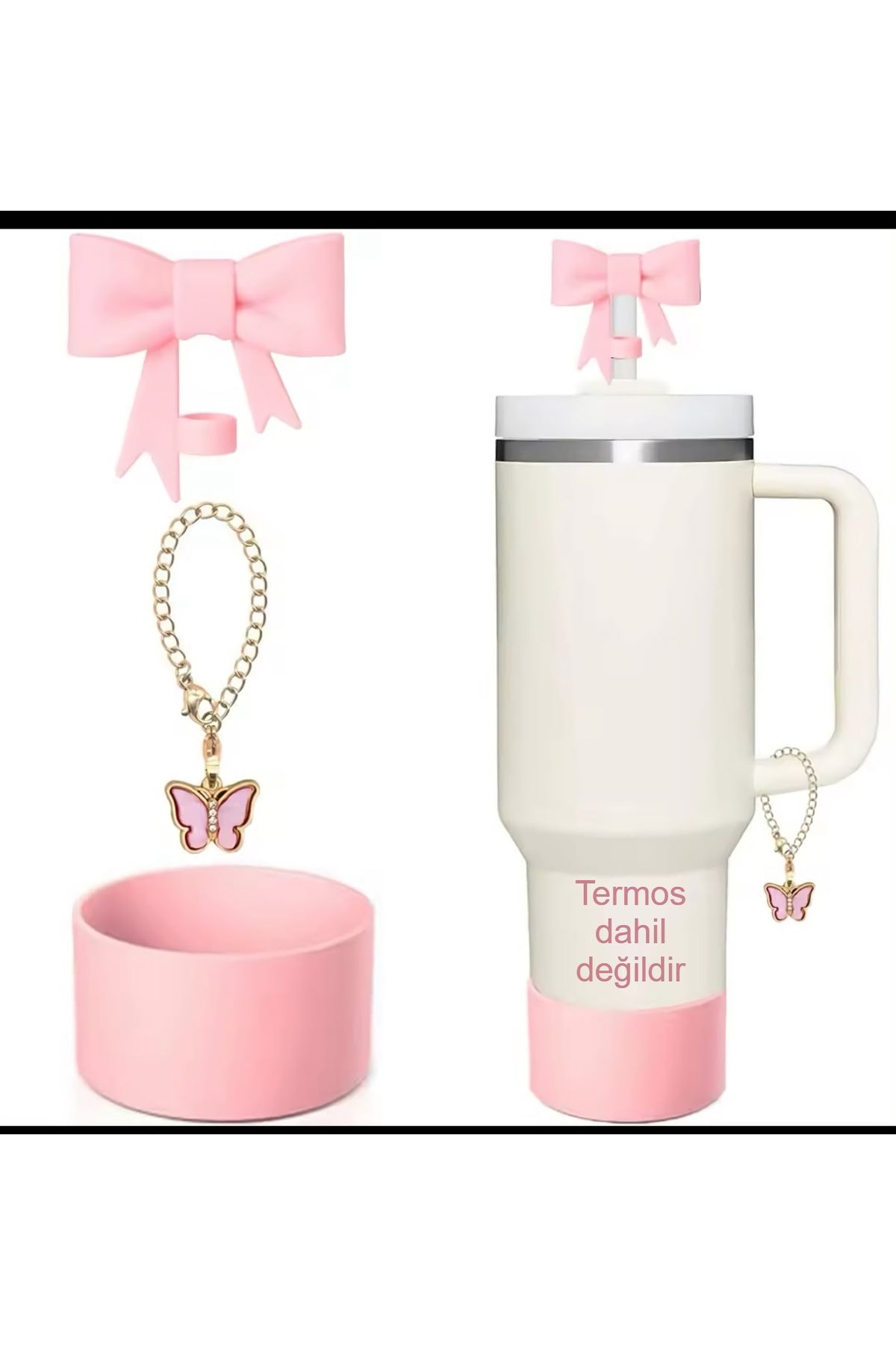 Besify Quencher Uyumlu 30 - 40 Oz 3'lü Aksesuar Tıpa Charm Taban Koruyucu Silikon Pembe Set