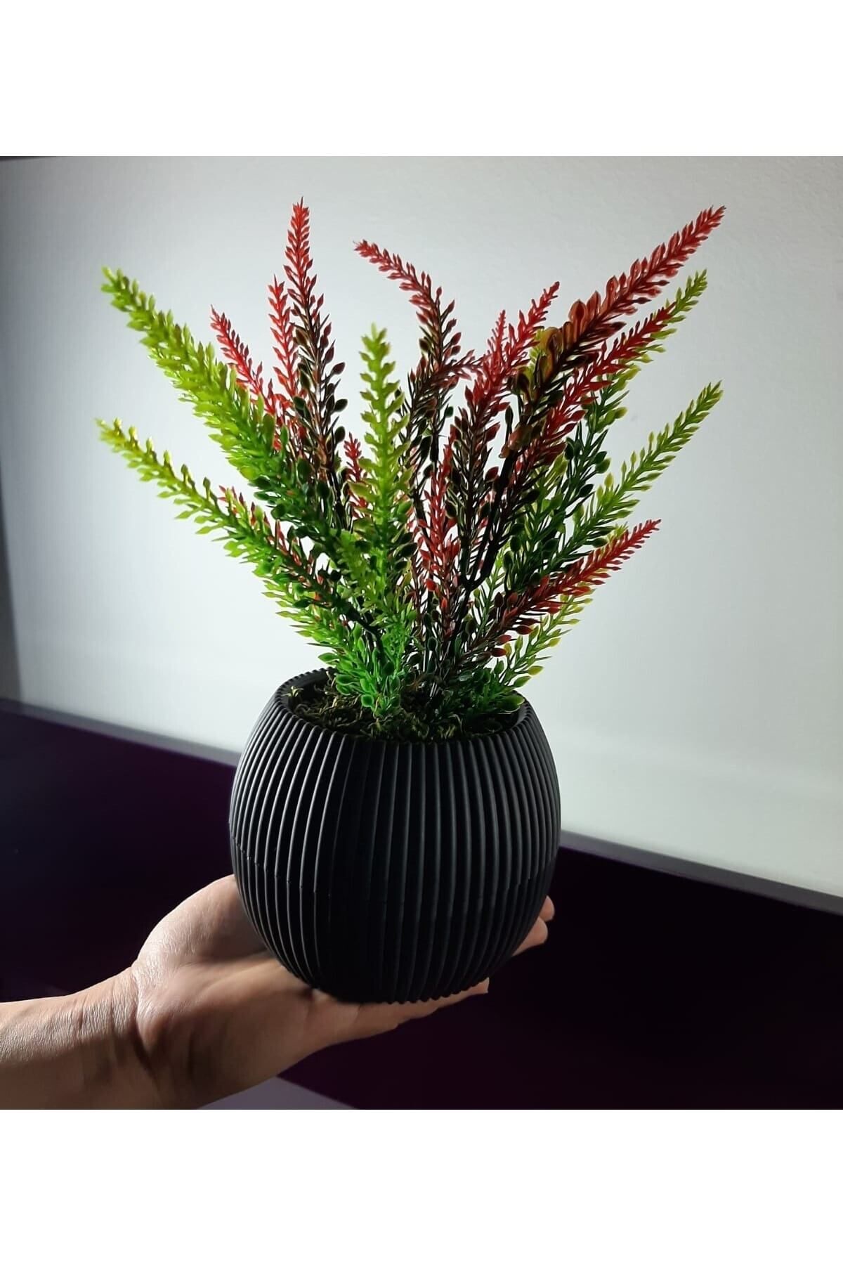 NAXAY Saksıda Yapay Çiçek Kırmızı , Yeşil Lavanta Demeti Taş Yosunlu Mini Saksı Aranjman 25 Cm