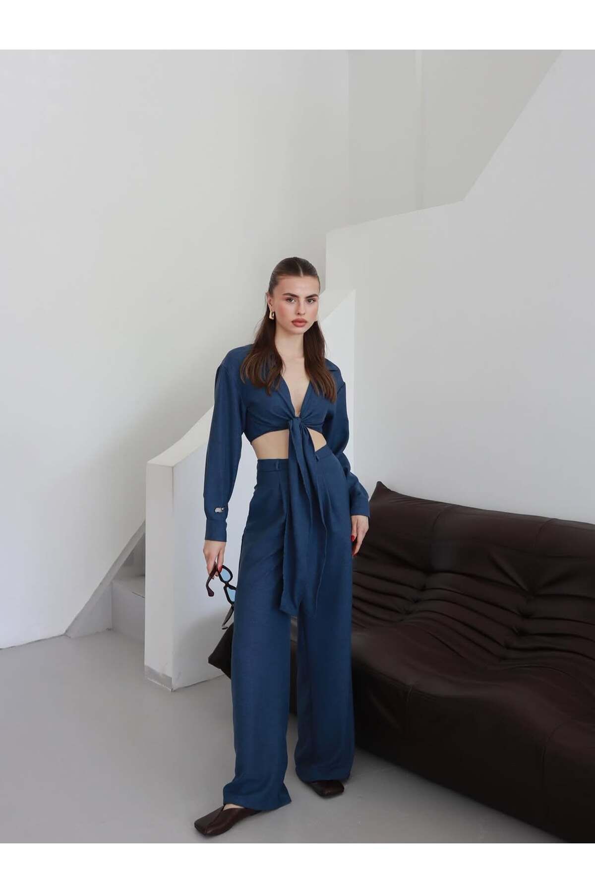 ZENİSO BUTİK KADIN BAĞLAMALI CROP BLUZ & BOL PAÇA PANTOLON İKİLİ TAKIM