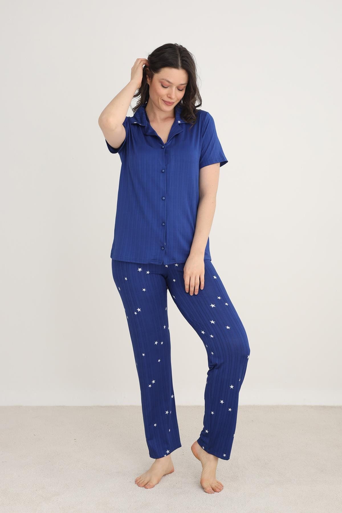 Kompedan Kadın Yıldız Desenli Önden Düğmeli Pijama Takım | Saks 80602-1276