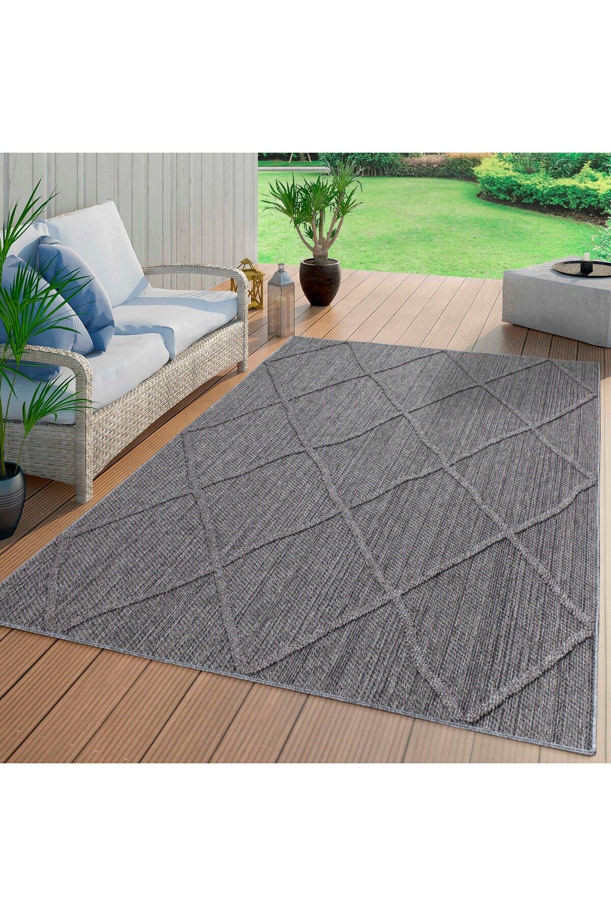 Enva Home Geometrik Çizgiler Modern Tasarımlar İskandinav Dokuma Taban İç ve Dış Mekan İnce Halı Gri