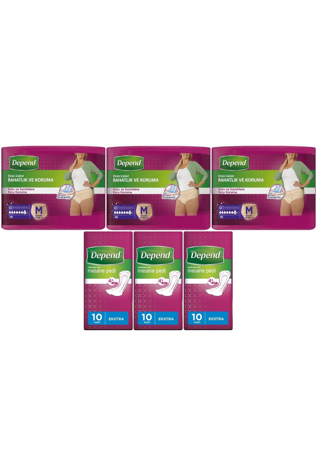 Depend Emici Külot Lohusa Pedi M- Medium - Kadın (10 Lu) + Mesane Pedi Kadın Ekstra (10 Lu) 6 Lı Set
