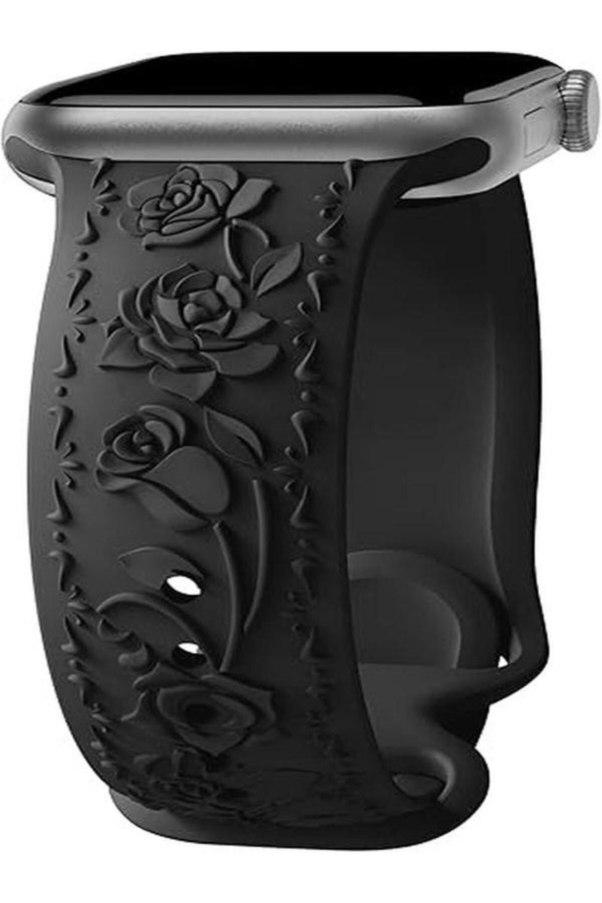 Alstrap Apple Watch 10 42mm 4 5 6 7 8 9 Se 38 40 41mm Uyumlu Kabartma Gül Desenli Silikon Kordon Kayış