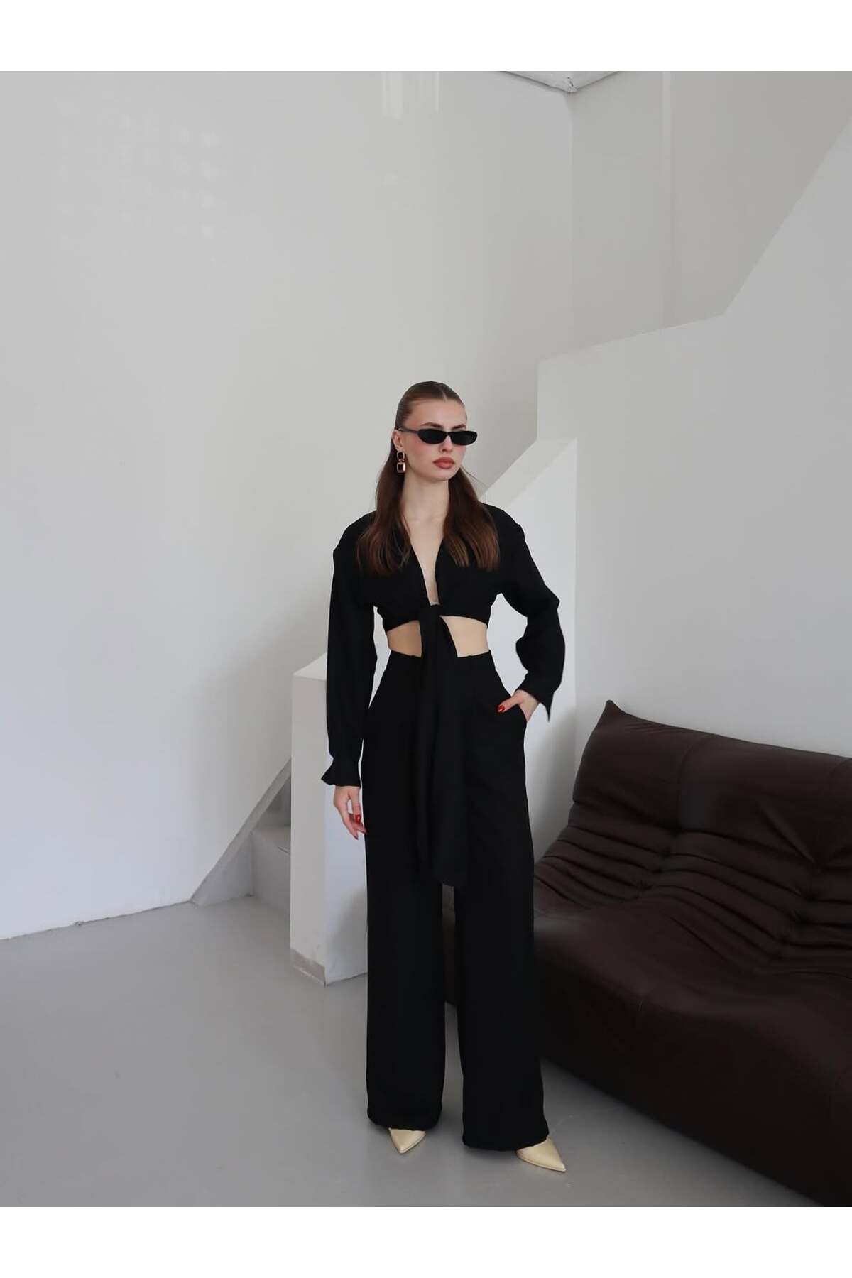 ZENİSO BUTİK KADIN BAĞLAMALI CROP BLUZ & BOL PAÇA PANTOLON İKİLİ TAKIM