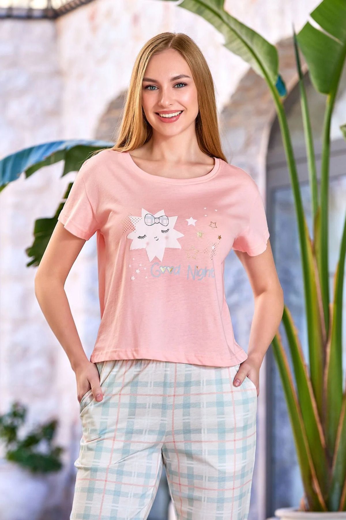 Mavelle Kadın Pudra Kısa Kollu Baskı Detaylı Pijama Takımı 25518