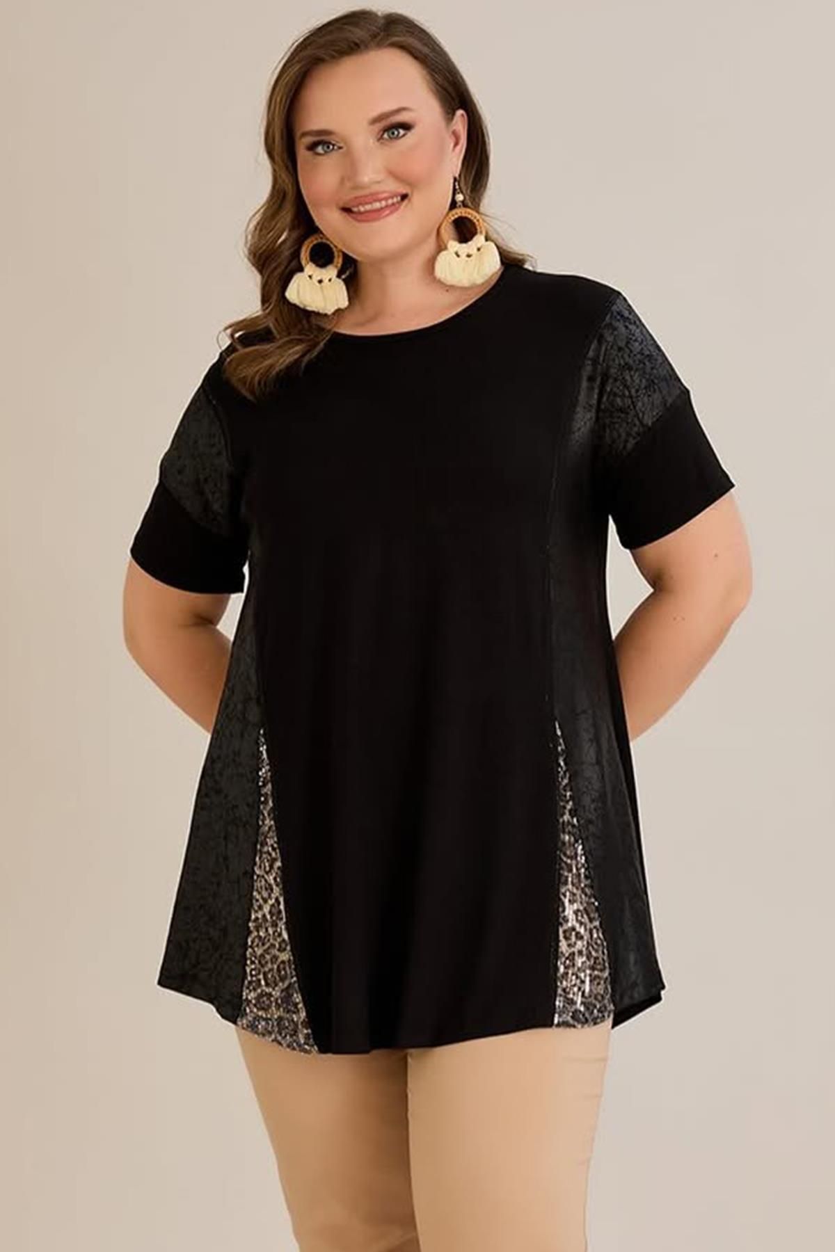 wearon tekstil Wearon Kadın Emory Büyük Beden Kombinli Penye Uzun Siyah Tişört