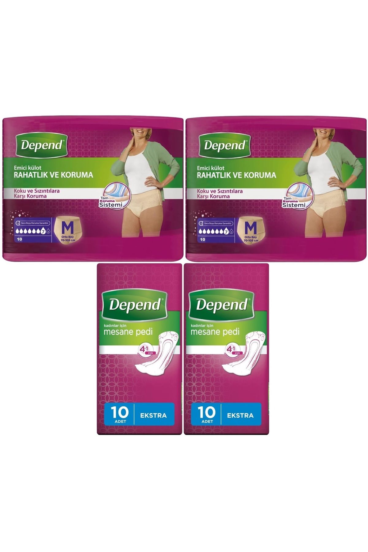 Depend Emici Külot Lohusa Pedi M- Medium - Kadın (10 Lu) + Mesane Pedi Kadın Ekstra (10 Lu) 4 Lü Set